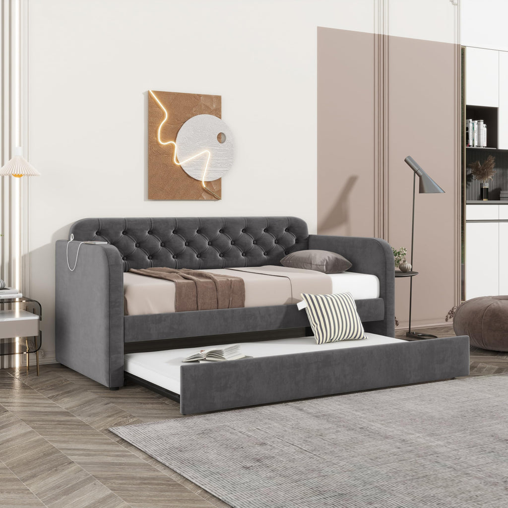 Acosure Twin Size Velvet Upholstered Daybed with Trundle and USB Charging Design,Bed Frame W/Fabric-Tufted Linen Backrest,for Bedroom,Guest Room,Apartment,Dark Grey