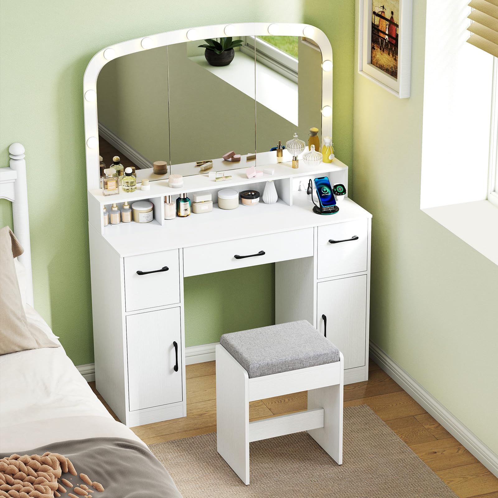 CHARMAID White Vanity Desk with Arched Mirror and Lights, Large Makeup Vanity Table with Charging Station, Storage Drawers & Cabinets, Modern Dressing Table with Stool for Bedroom