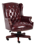 Scranton & Co Traditional Faux Leather Executive Chair, 30" W x 32" D x 41-44" H, Oxblood Red Finish, Tufted Wingback Design, Mahogany Wood Accents, Adjustable Height, Office Desk Chair