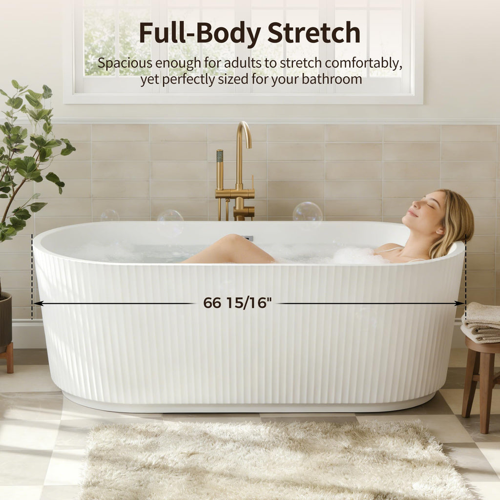 DeerValley 67" Acrylic Freestanding Bathtub, Easy Install Standalone Deep Soaking Tub with Fluted Design, Modern Ergonomic Shower Tub with Center Drain in White, DV-1T0583