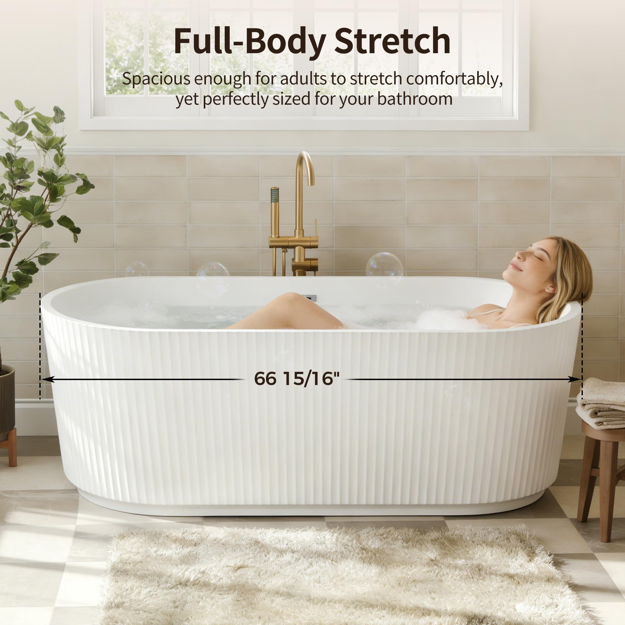 DeerValley 67" Acrylic Freestanding Bathtub, Easy Install Standalone Deep Soaking Tub with Fluted Design, Modern Ergonomic Shower Tub with Center Drain in White, DV-1T0583
