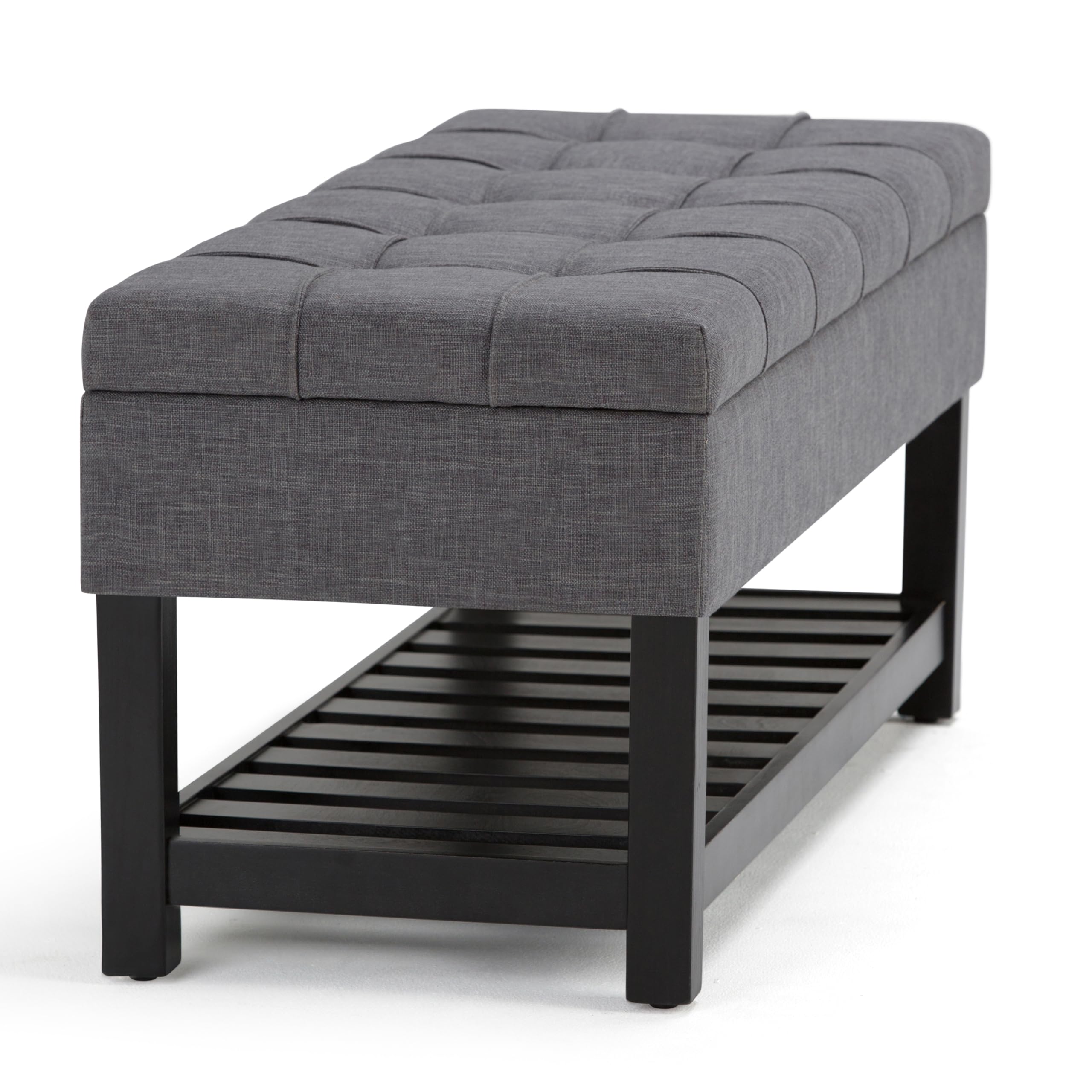 SIMPLIHOME Saxon Storage Ottoman Bench - 43 inch Wide Upholstered Linen Look Fabric Rectangle Storage Ottoman in Slate Grey, Transitional Bench for Bedroom with Tufted Lift-Top and Open Bottom Shelf