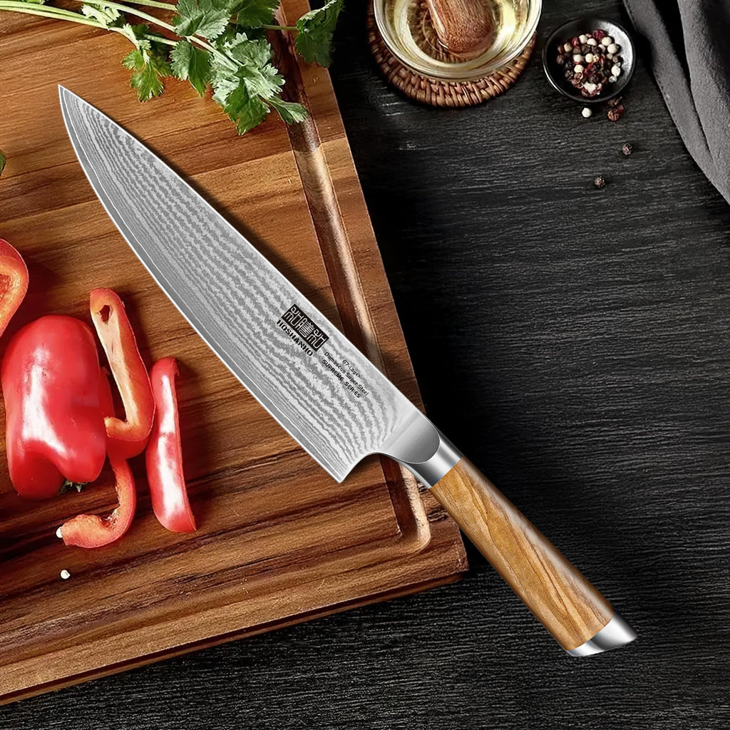 HOSHANHO 5 Pieces Kitchen Knife Sets, Ultra Sharp Professional Damascus Super Steel Chef Knives Sets with Ergonomic Olive Wood Handle, Including Chef, Bread, Santoku, Utility & Paring Knives