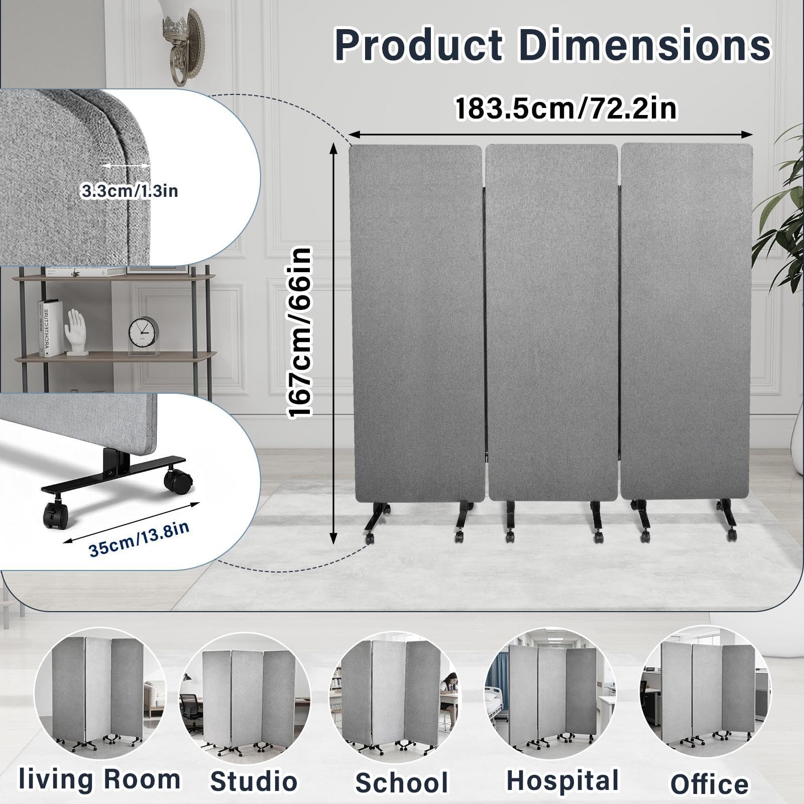 72" X 66" Partition Room dividers, 3 Panel Sound Proof Dividers for Office Partitions, Room Divider Privacy Panel with Wheels, Portable Temporary Wall for Office, Studio, School, Hospital(Light Gray)