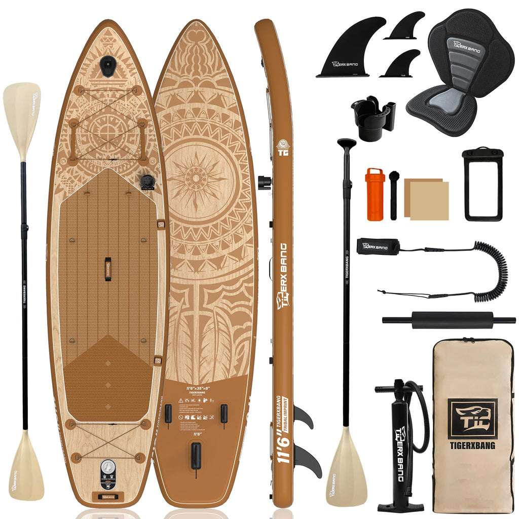 TIGERXBANG Inflatable Stand Up Paddle Board, 11'6" x 35" x 6", Tribal Spirit Design, SUP for 3 People, Perfect for Relaxation & Exploration