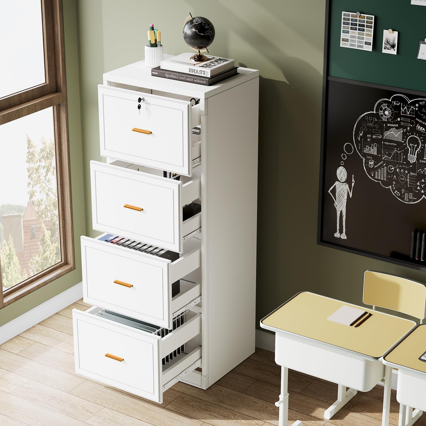 Tribesigns 4-Drawer File Cabinet with Lock, Locked File Cabinet with Key, Tall Wooden Filing Cabinets for Home Office, Vertical Office Storage for Legal Size/Letter/A4/Files, White