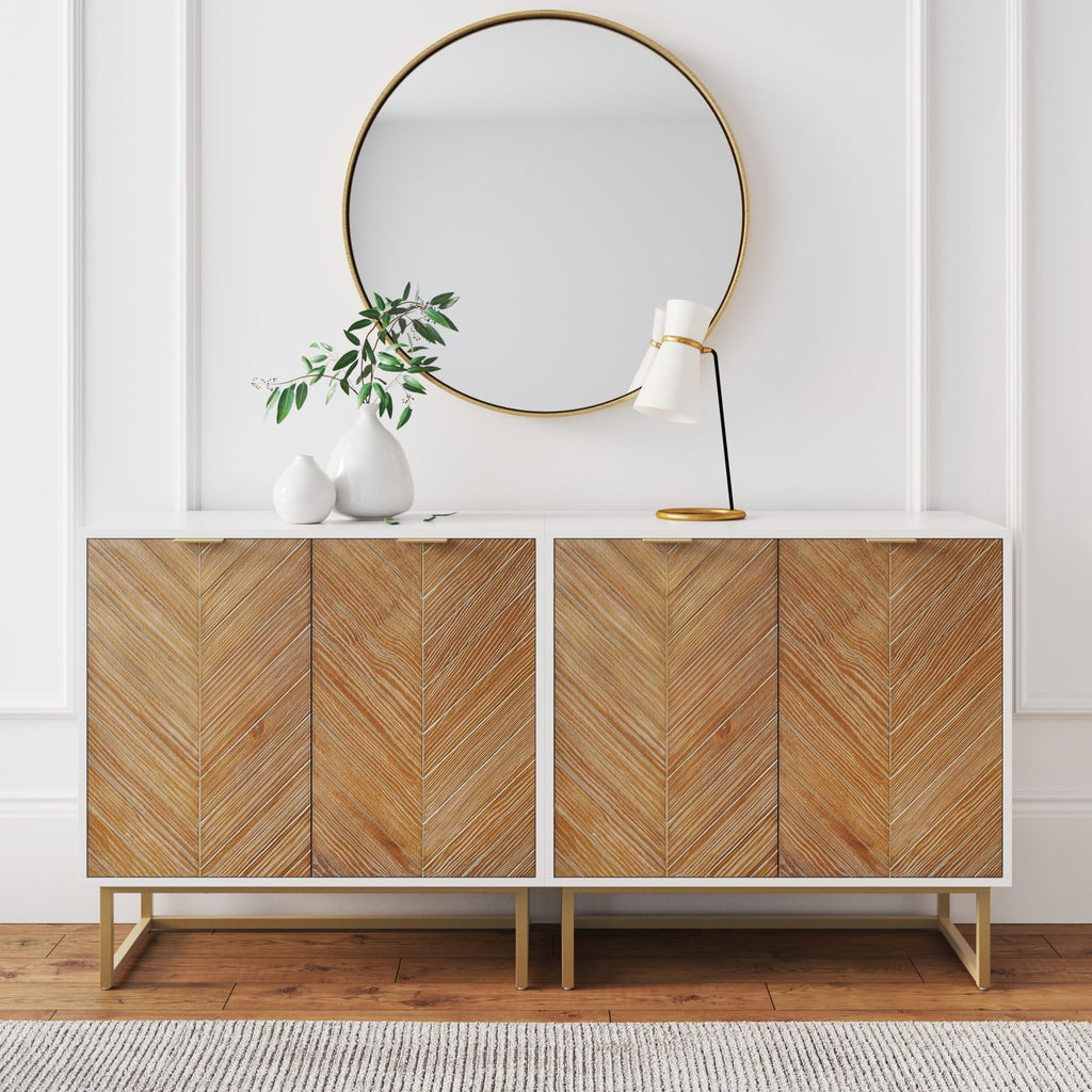 Nathan James Enloe Modern Storage Free Standing Accent Cabinet TV Stand with Doors in a Rustic Pine Wood Finish and Gold Metal Base for Hallway, Entryway or Living Room, Brown/White/Gold, Set of 2