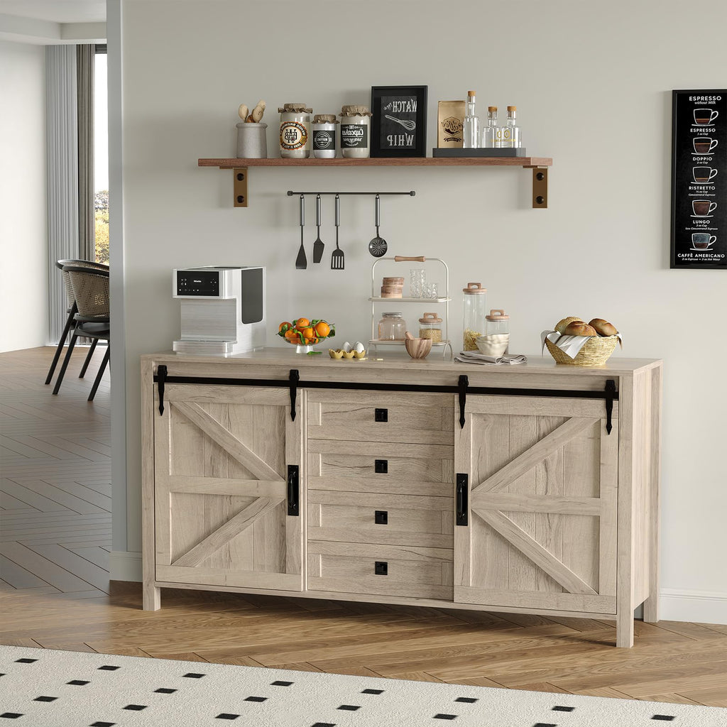 IDEALHOUSE 60" Farmhouse Sideboard Buffet with Storage Drawer & Sliding Barn Doors | Rustic Wood Coffee Bar Cabinet | Multi-Functional for Dining Room Kitchen, As TV Stand & Console Table