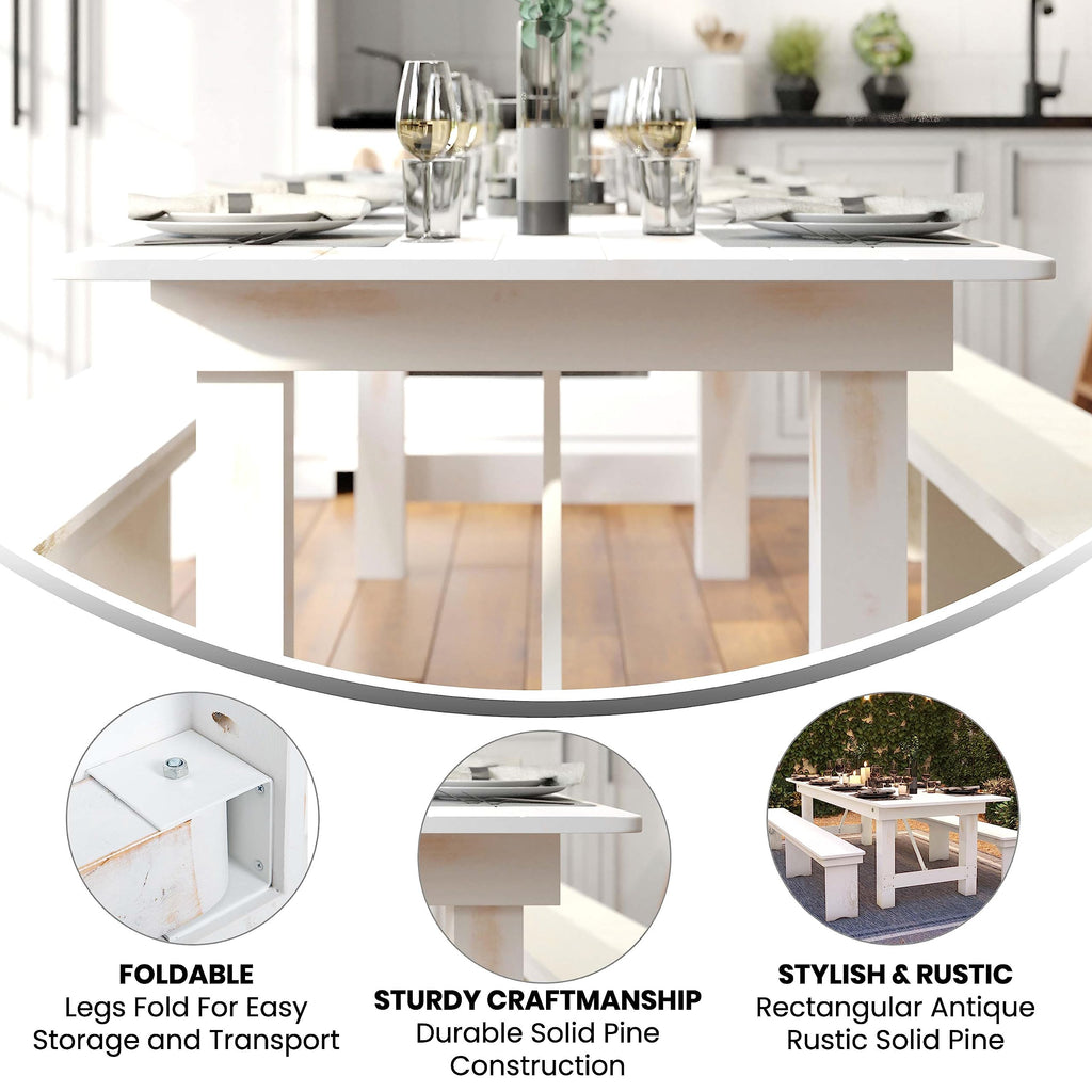 Flash Furniture Hercules Commercial Grade Farmhouse Dining Table | Solid Pine Foldable Table for 10 in Antique Rustic White | Rustic Charm for Home and Events