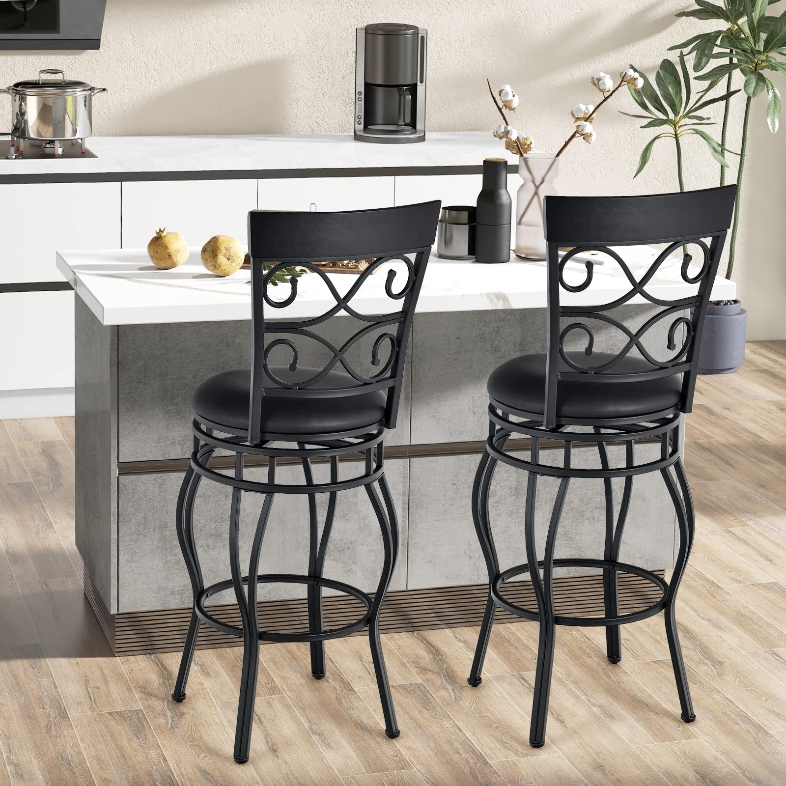 COSTWAY Bar Stools Set of 4, 360 Degree Swivel, 30" Bar Height Bar stools, with Leather Padded Seat Bistro Metal Vintage Chairs with Back for Kitchen Island, Pub (Set of 4)