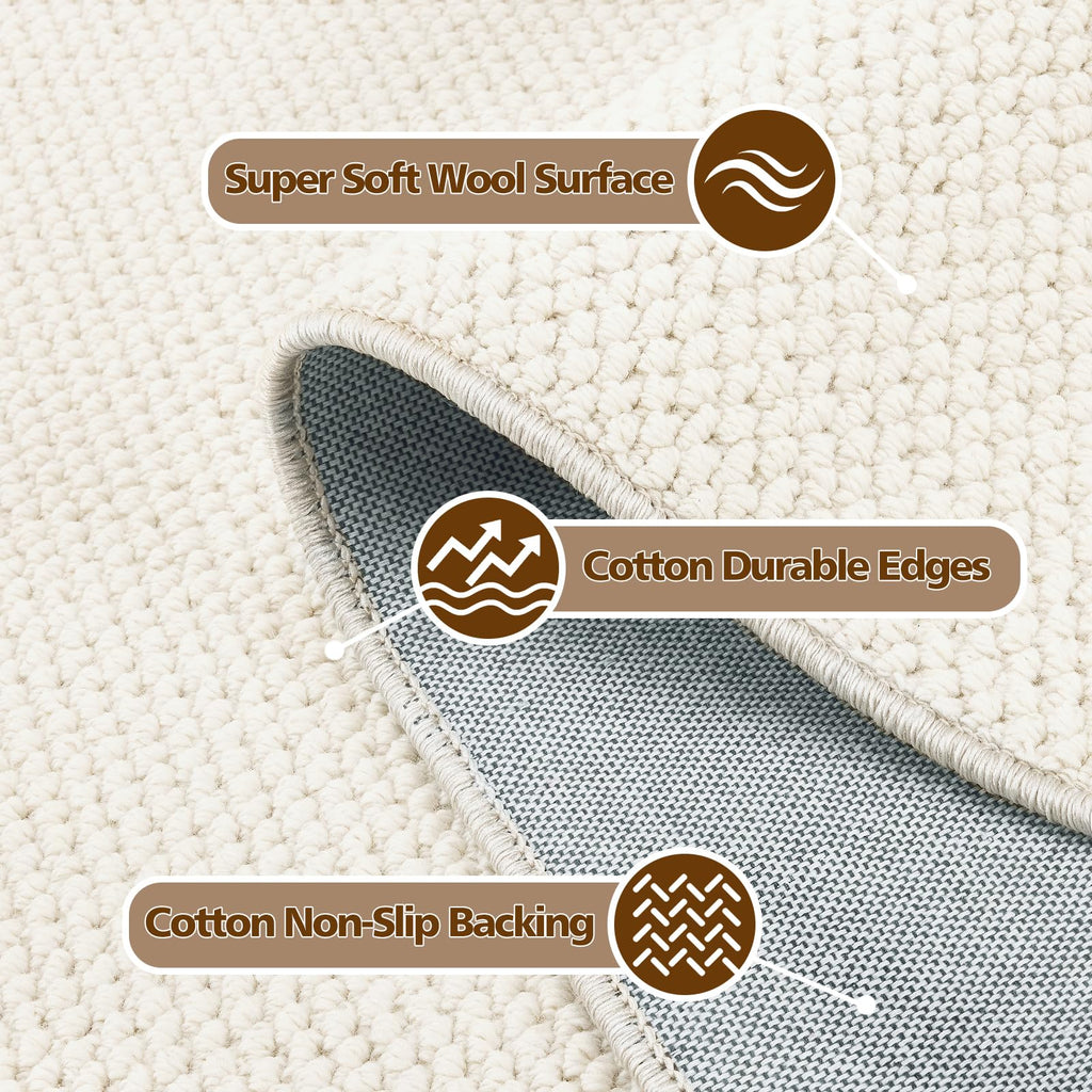 ANSSO Wool Rugs 8x10 for Living Room,80% Merino Wool and 20% Cotton Soft Tufted Area Rug with Cotton Non-Slip Backing,Large Area Rug for Bedroom Bedroom, Dining and Home Office (Cream White)