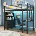 GarveeHome Loft Bed Twin Size with Desk, 4 Large Fabric Drawers and 2 Storage Shelves, Heavy Duty Metal Loft Bed with LED Lights & Charging Sation, Safety Guard & Ladder, No Box Spring Needed, Black