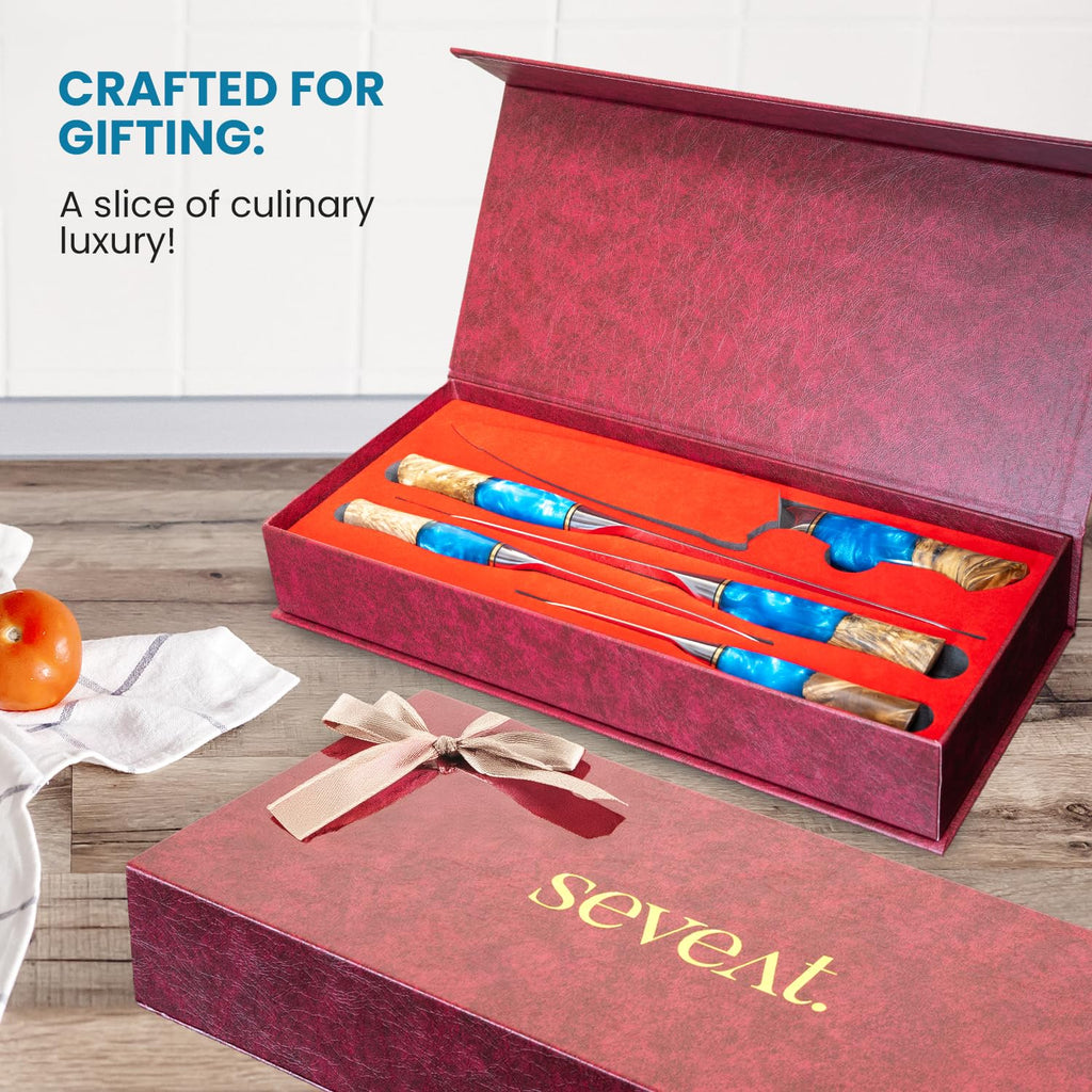 Seveat Damascus Kitchen Knife Set | 67-Layer Damascus Steel | Professional Japanese Chef Knife Set | Ergonomic Wood & Resin Handle | Gift Box Included (Blue, 5-Piece Set)