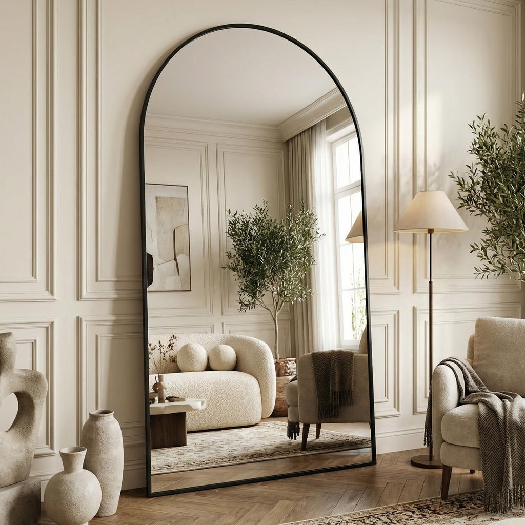 Suidia 86"x46" Arched Full Length Mirror with Stand, Full Body Mirror with Aluminum Frame, Freestanding/Leaning/Wall-Mounted, Floor Mirrors for Bedroom, Living Room, Entryway, Dressing Room, Black