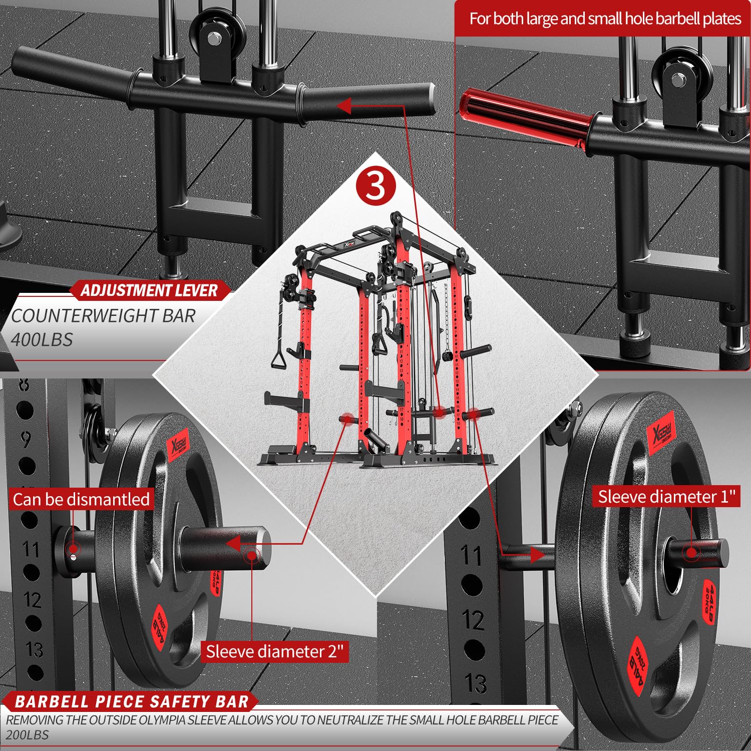 Power Rack Power Cage Multi-Function Squat Rack with Cable Crossover System Selectable More Training Attachment Power Rack for Garage & Home Gym (Red, F Set L02+Weight Bench+（Pole+Color BP） 258LBS)