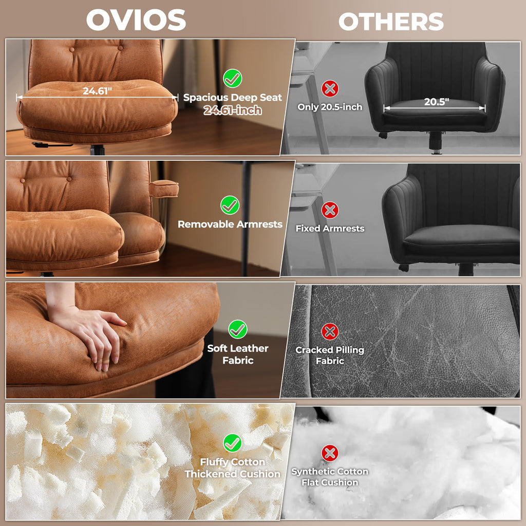 ovios Ergonomic Office Chair, High Back Faux Leather Executive Chairs with Thick Cushion, Comfy Mid-Century Modern Swivel Rolling Computer Armchair (Brown, Suede Leather)