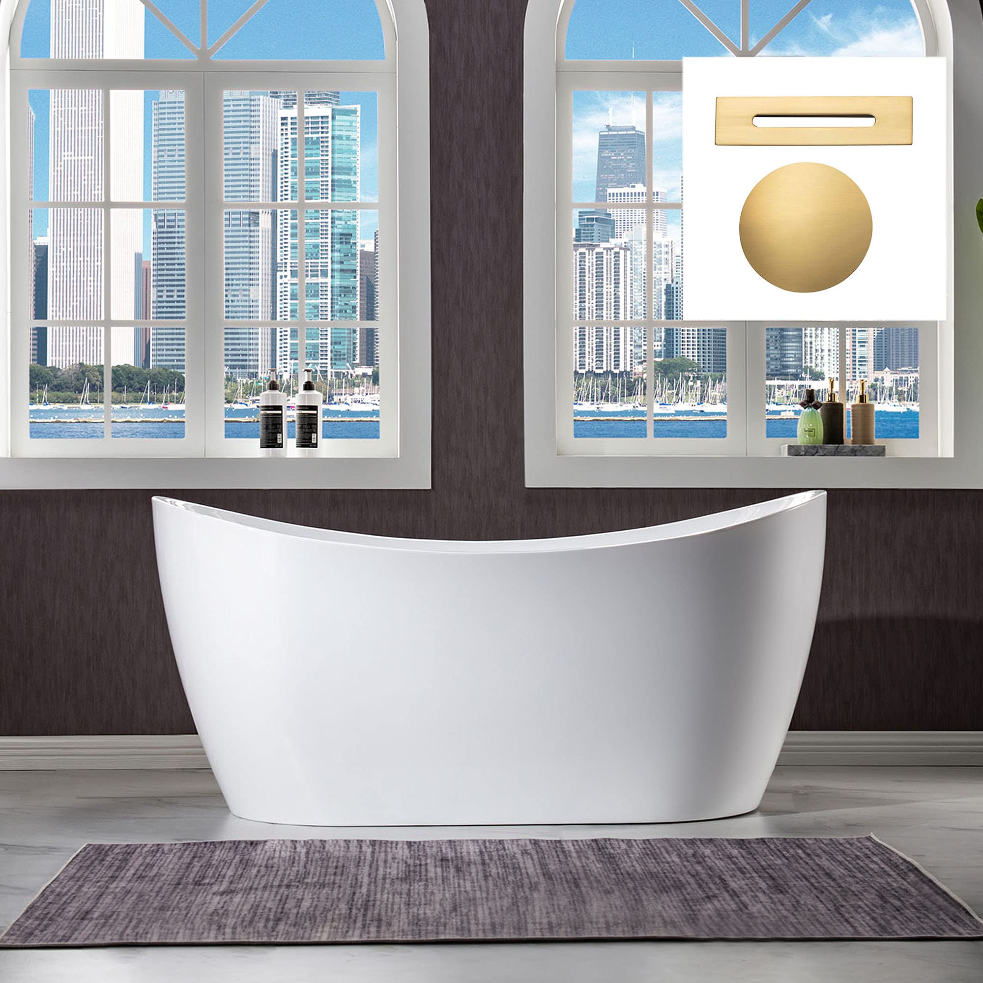 WOODBRIDGE 59" Acrylic Freestanding Bathtub Contemporary Soaking White Tub with Brushed Gold Overflow and Drain,BTA1516 BG
