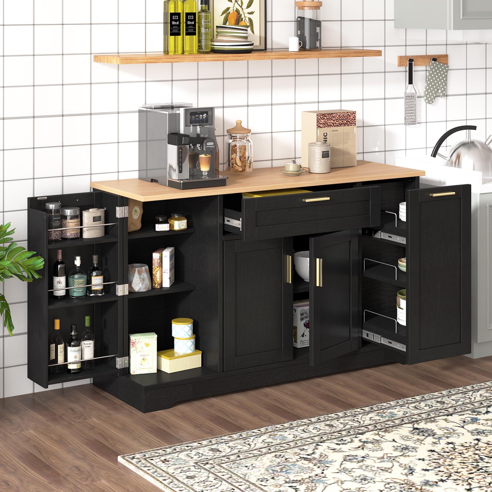 GDFStudio Buffet Cabinet with 3-Tier Pull-Out Rack, Adjustable Shelves, Multi-Functional Storage Cabinet Sideboard Coffee Bar Cabinet, Kitchen Island Storage for Dining Room Living Room, Black