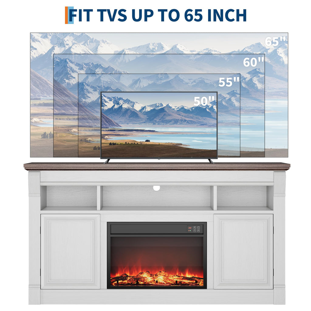 GarveeHome 58" Farmhouse Electric Fireplace TV Stand for TV Up to 65", Entertainment Center Console Table with Open Storage Shelves and Cabinets for Living Room