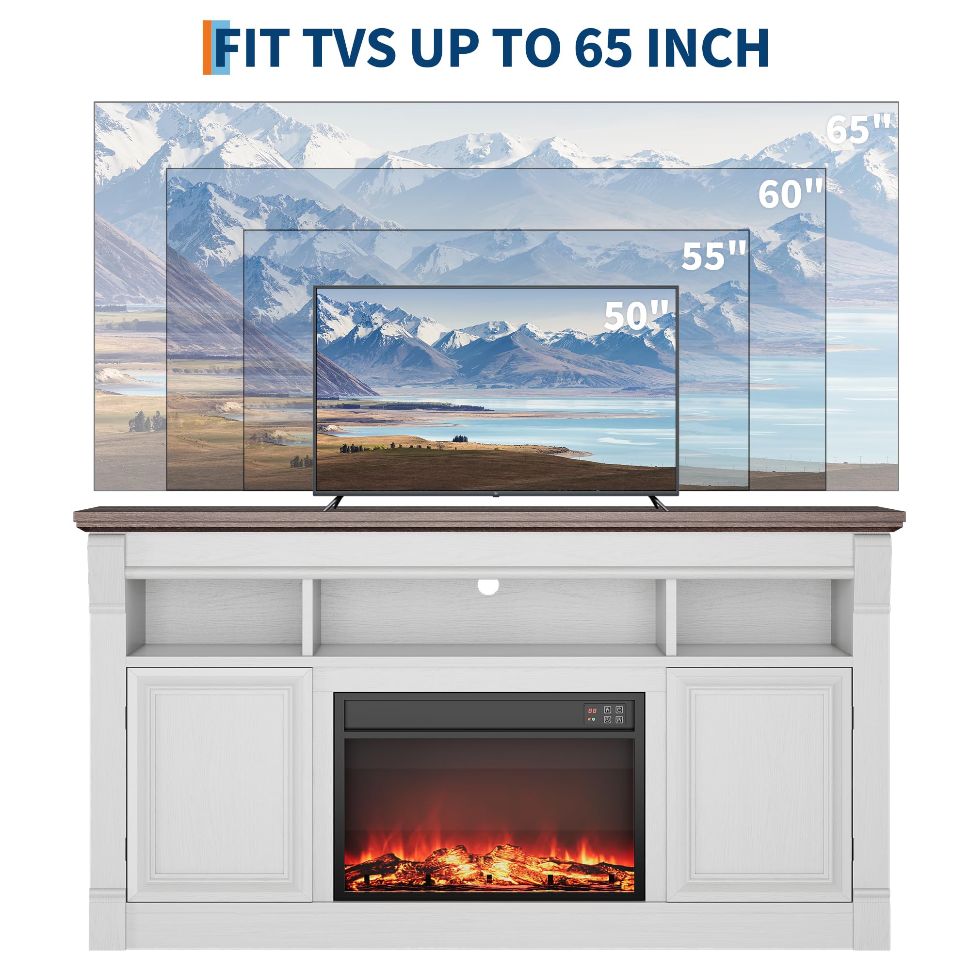 GarveeHome 58" Farmhouse Electric Fireplace TV Stand for TV Up to 65", Entertainment Center Console Table with Open Storage Shelves and Cabinets for Living Room