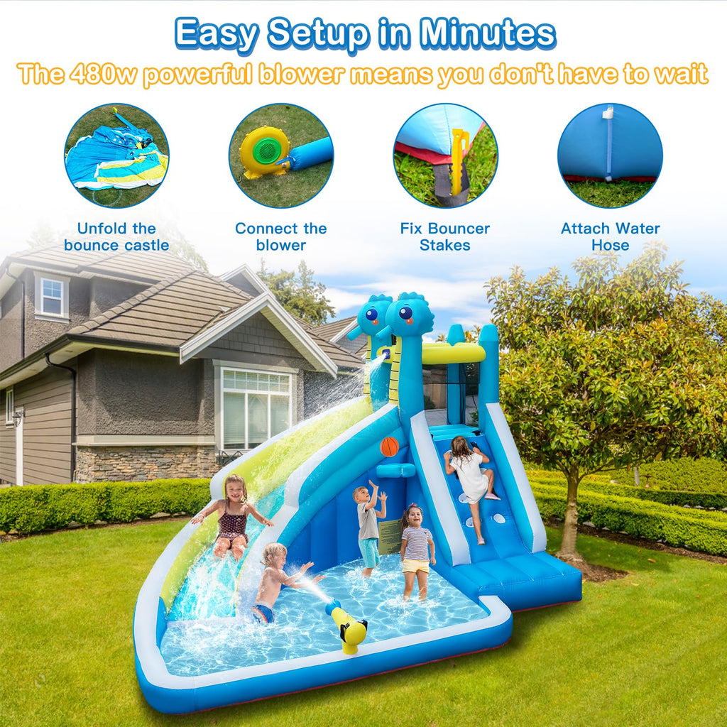 Seahorse Inflatable Water Slide for Kids Backyard | 5-in-1 Blow Up Splash Park with Climbing Wall, WaterSlide, Water Cannon, Basketball Hoop & 480W Blower| Indoor/Outdoor Toys for Ages 3+
