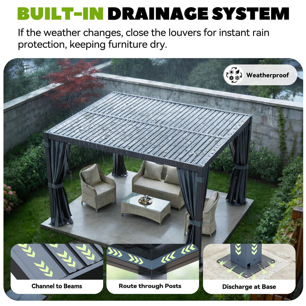 MELLCOM Louvered Pergola 10x12, Outdoor Rustproof Shelter with Adjustable Roof, Steel Aluminum Gazebo with Waterproof Curtains and Netting for Patio Deck, Dark Grey