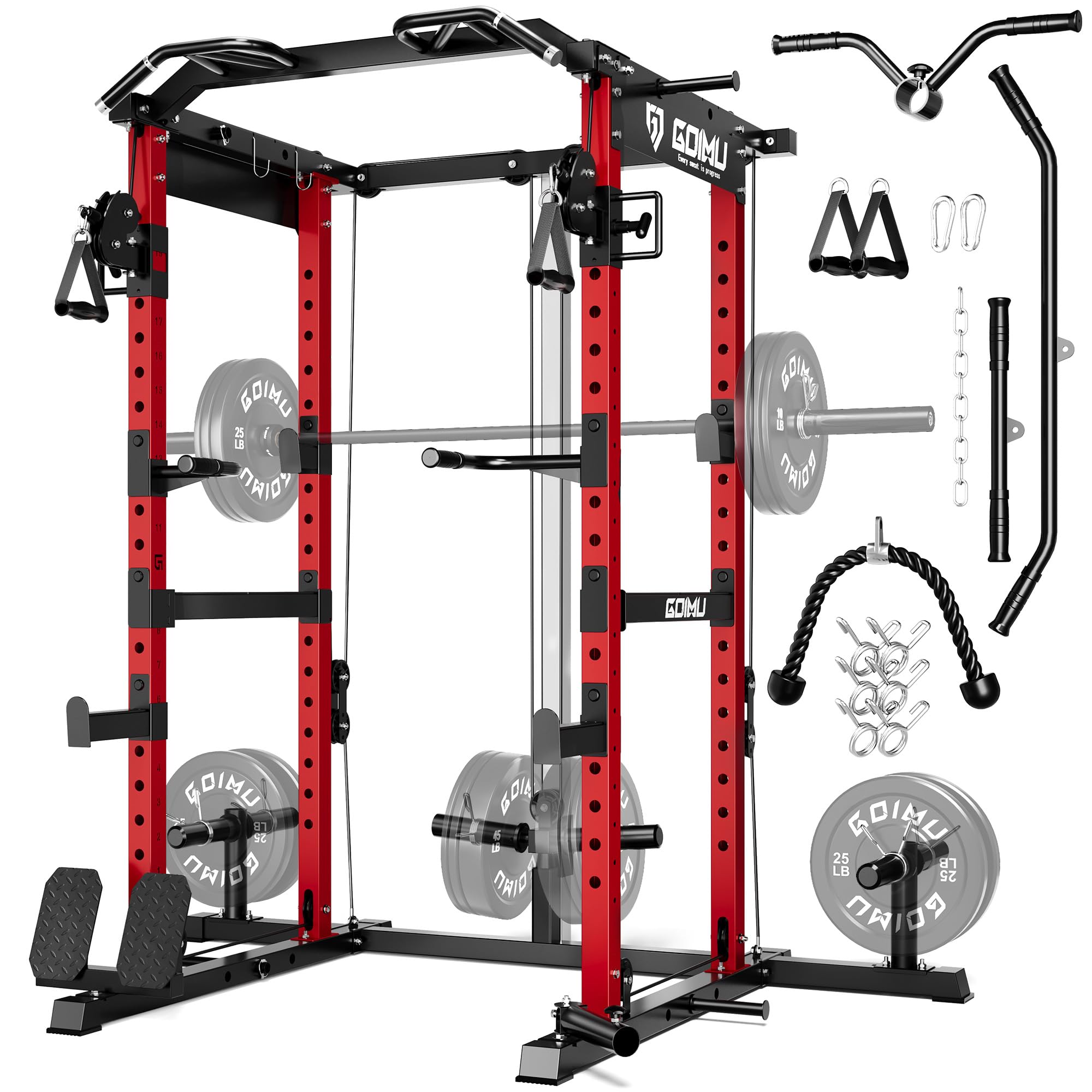 GOIMU RH01 Power Cage Rack, 2000LBS Squat Rack with with Cable Crossover System&LAT Pull Down System, Multi-Function Workout Cage for Home&Garage Gym (Red, RH01 Power Cage)