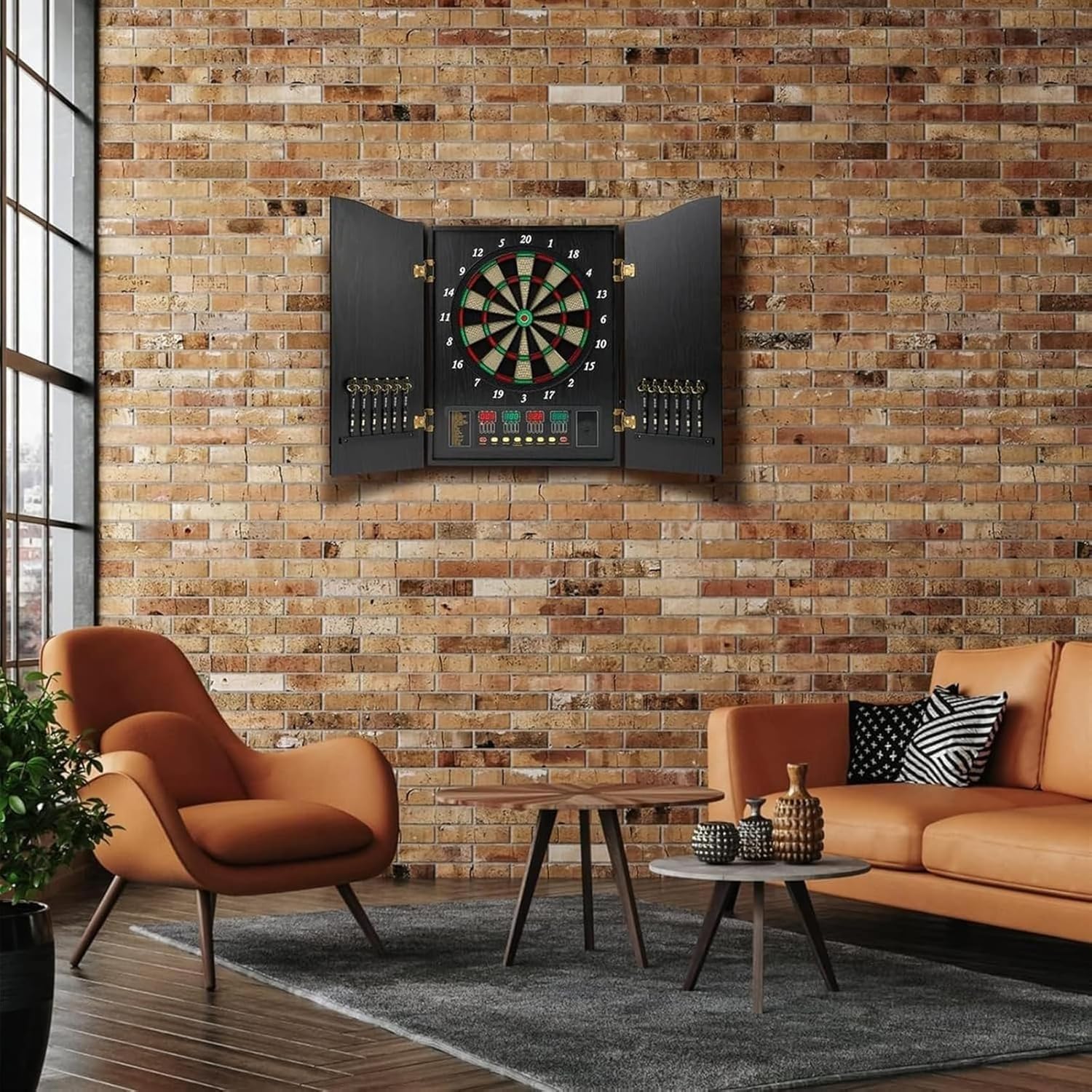 Electronic Dartboard Cabinet Set, Double Wood Door Panel Electric Darts Machine, Multiple Styles Smart Dartboard Darts Game with LED Display for Parties and Game Nights. ﻿