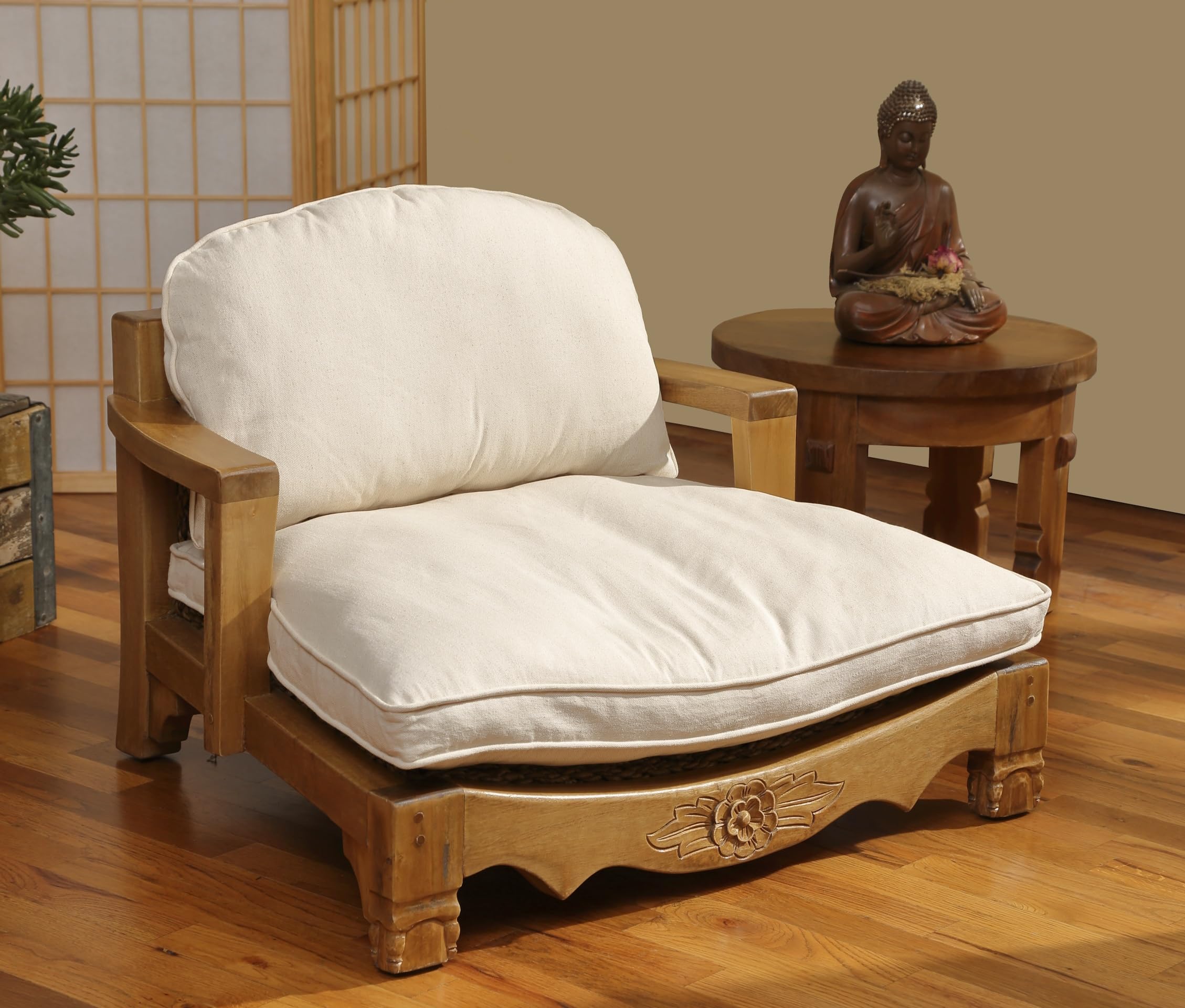 Harmony In Design Raja Meditation Chair, Handcrafted Wooden Frame with Floral Carving, Back Support,