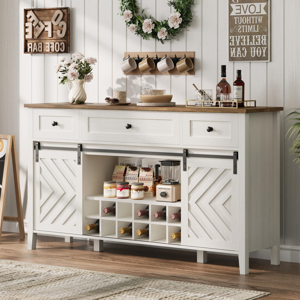 IDEALHOUSE 59'' Farmhouse Buffet Cabinet with Sliding Barn Door, 33.4'' Tall Wood Rustic Sideboard with 3 Drawer, Adjustable Shelf and Removable Wine Rack for Dining Room, Kitchen, White