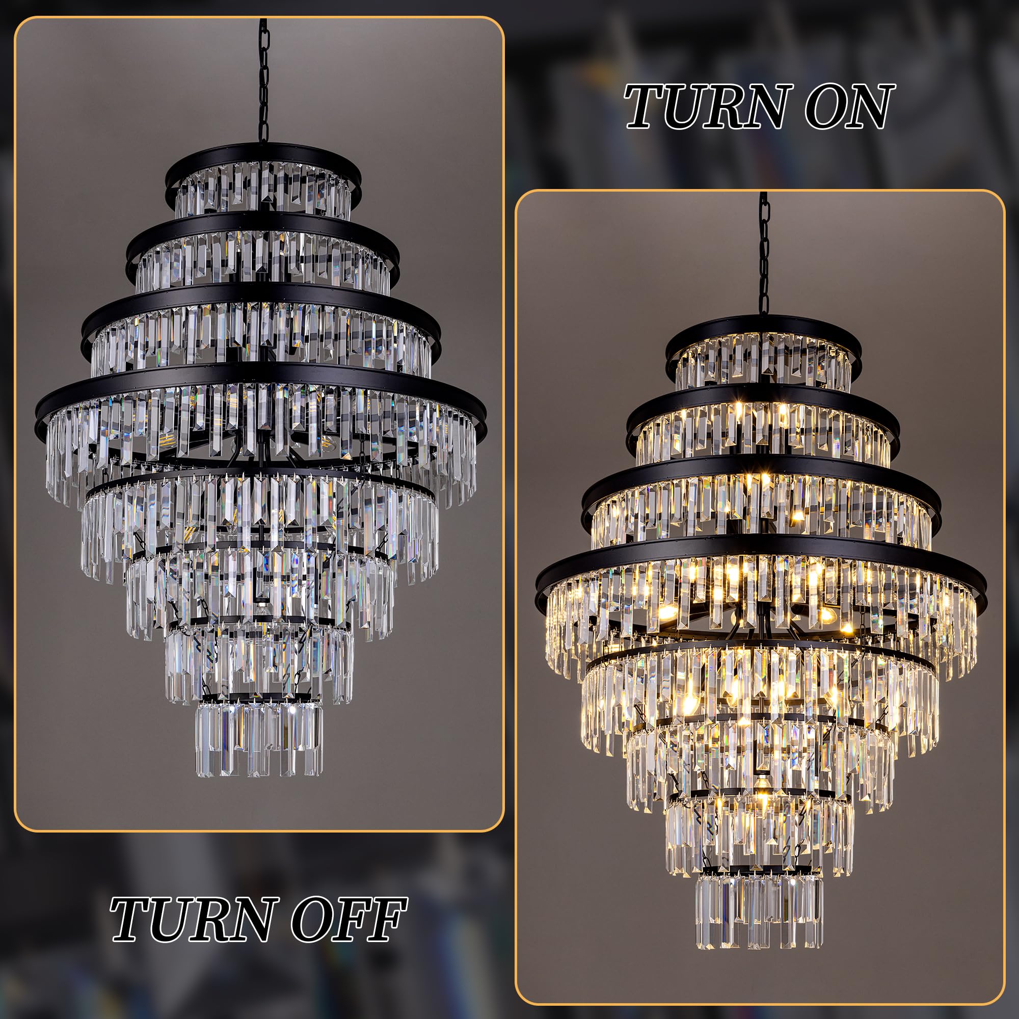 Wellmet Luxury 8-Tier Crystal Chandelier, Black Large Crystal Chandelier, for Living Room, Dining Room, Porch, Entryway, Hallway, Restaurant, 31''W