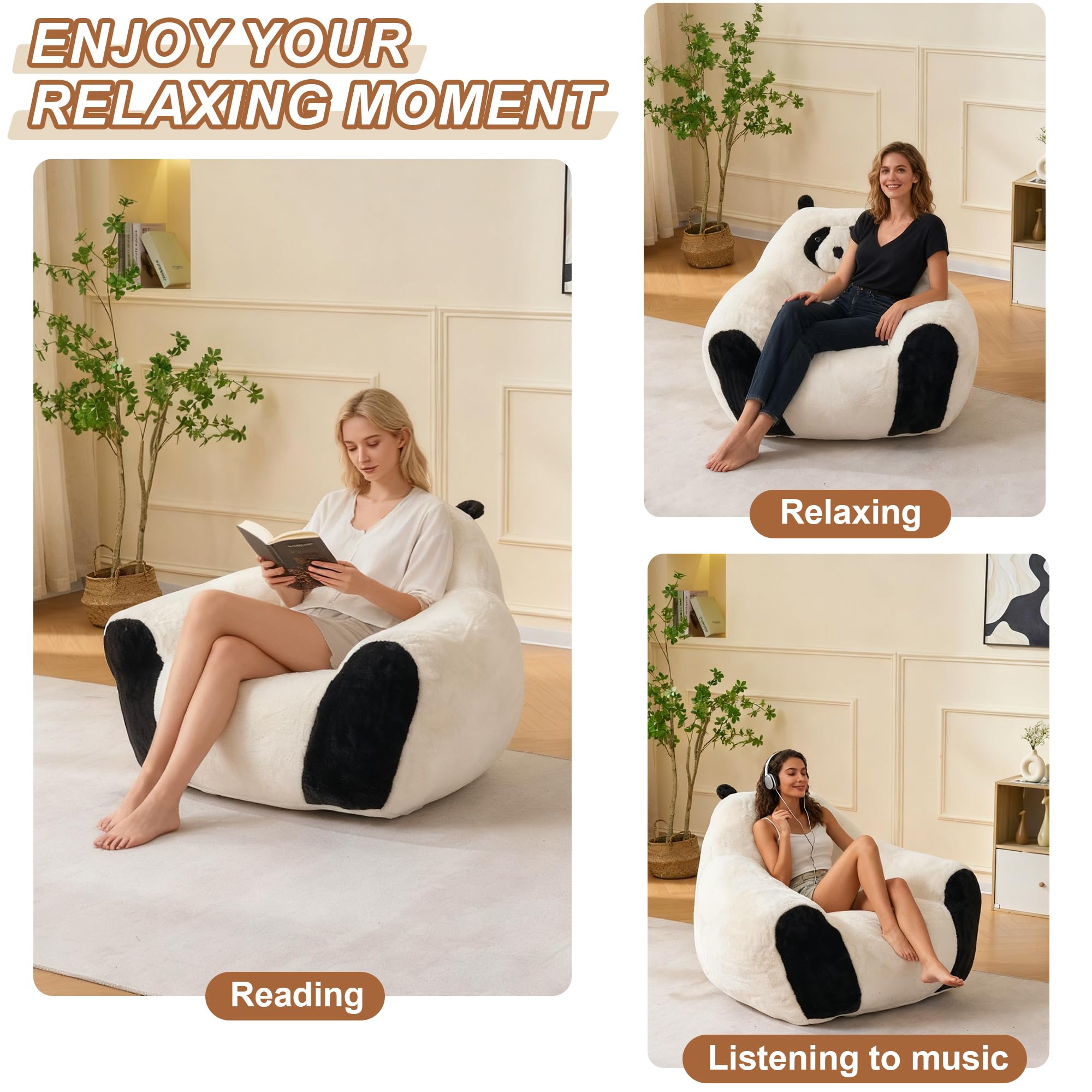 Giant Bean Bag Chair for Adults Kids, 2 PCS Large Bean Chairs with Filler, Panda Design Floor Chairs, Plush Lazy Sofa with Faux Rabbit Fur Cover, Faux Fur Cover, Adult Bean Bag Couches for Bedroom