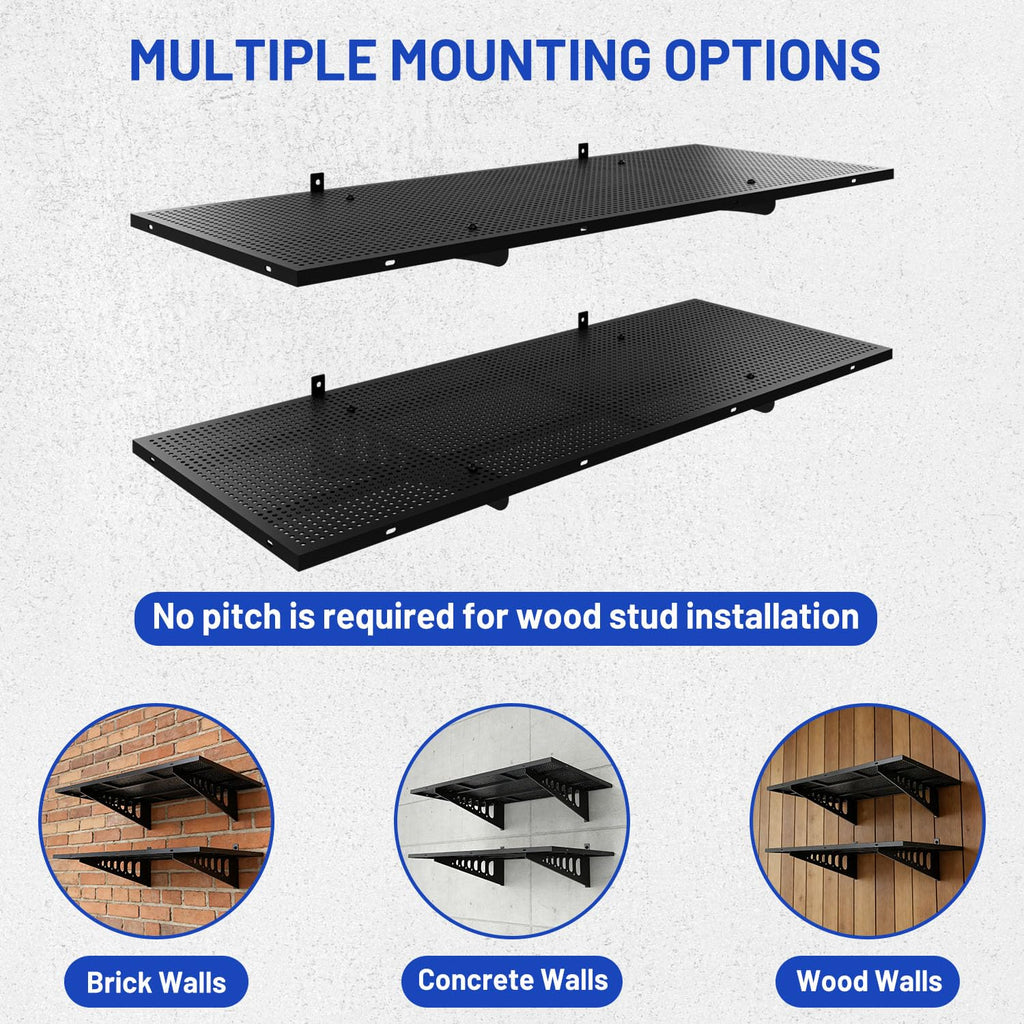 ZONEGRACE 4-Pack 1.5x4ft Garage Wall Mount Shelves, 1000 Lbs Heavy Duty Wall Shelving, Metal Organizer Rack For Garage Wall Storage Systems With Complete Install Kit & Hooks, Black