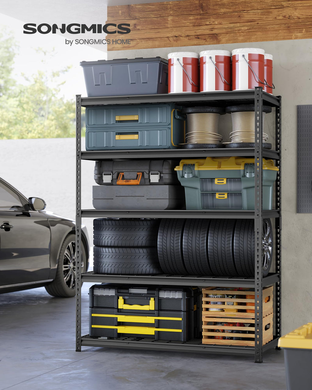 SONGMICS 5-Tier Storage Shelves, Heavy-Duty Garage Shelving, Adjustable Shelving Unit, Steel Shelf, Boltless Assembly, for Garage, 2,200 lb Load, 24 x 96 x 72 Inches, Ink Black UGLR454B02