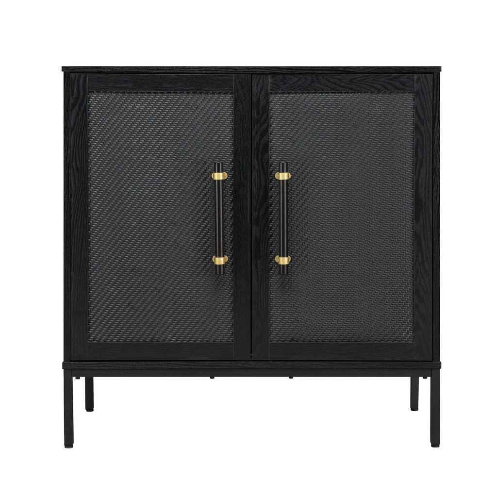 Hopper Studio Sophia 2-Door Accent Cabinet, Black Finish with Rattan Doors & Wood/Brass Handles, Adjustable Shelf, Aluminum Legs, Mid-Century Modern Storage for Luxury Living Room, Kitchen, Entryway