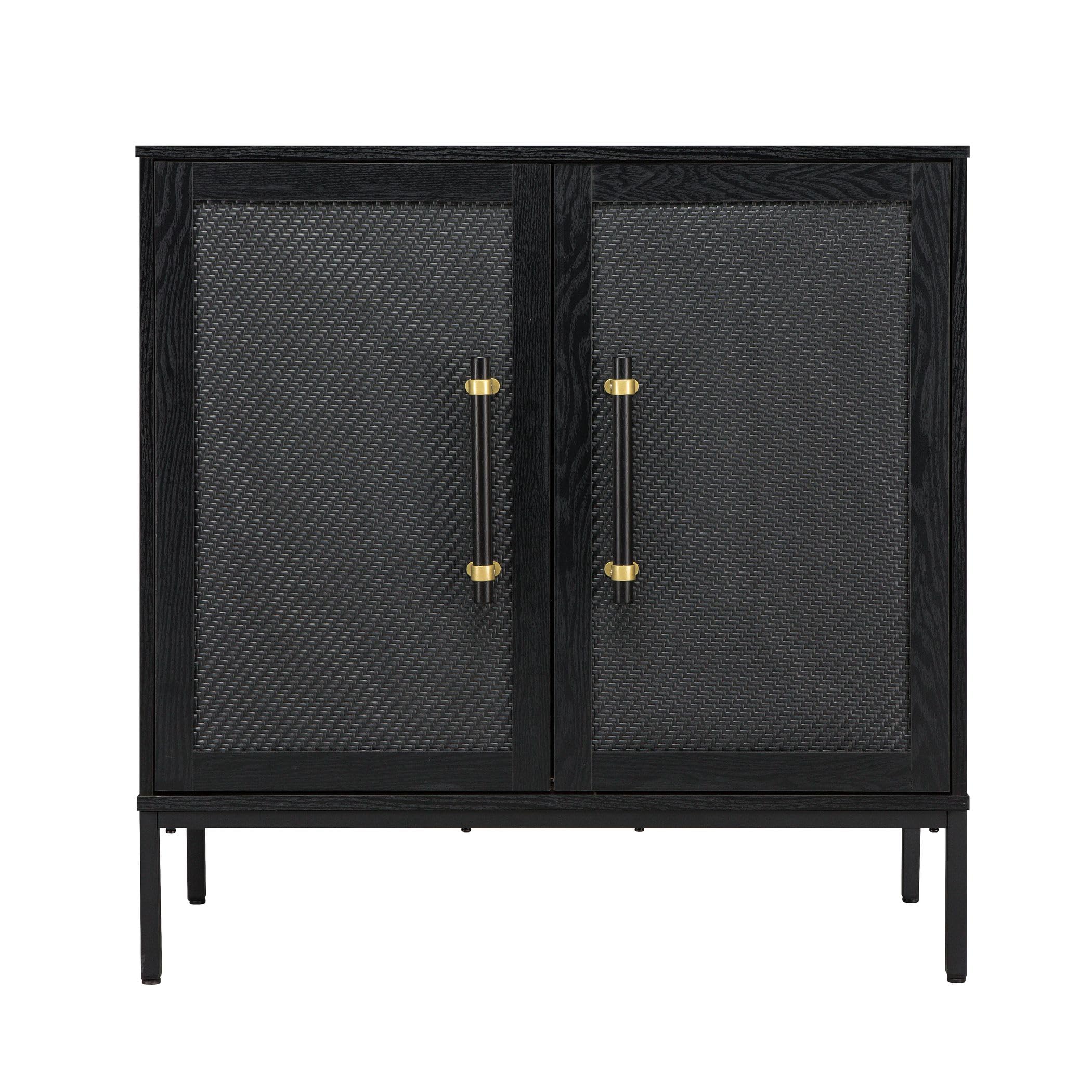 Hopper Studio Sophia 2-Door Accent Cabinet, Black Finish with Rattan Doors & Wood/Brass Handles, Adjustable Shelf, Aluminum Legs, Mid-Century Modern Storage for Luxury Living Room, Kitchen, Entryway