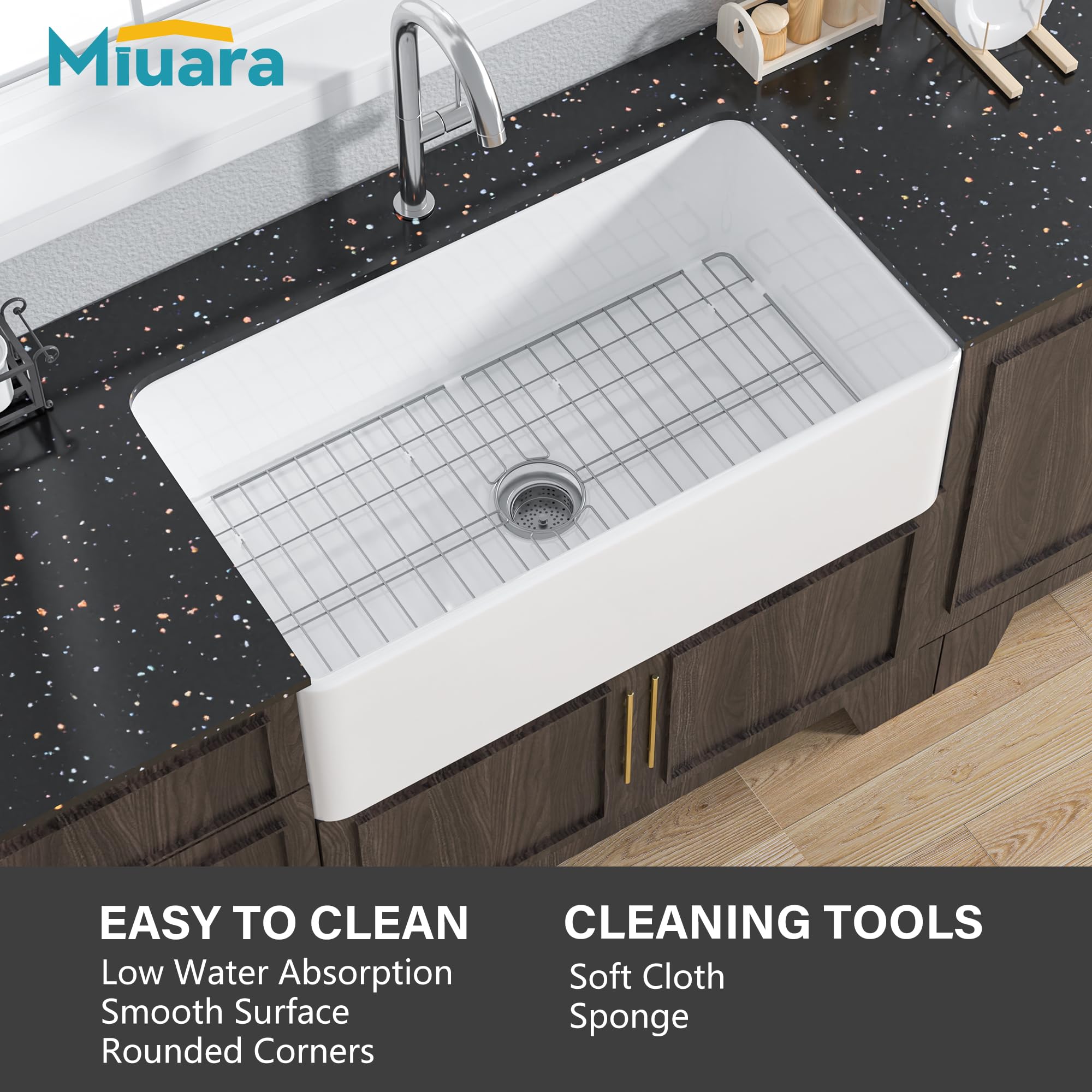 Miuara Farmhouse Sink 33 Inch - Apron Front Kitchen Sink Reversible 33"x18"x10", Undermount Installation, Farm House Style Single Bowl, Solid Fireclay, Glossy White, for Kitchen