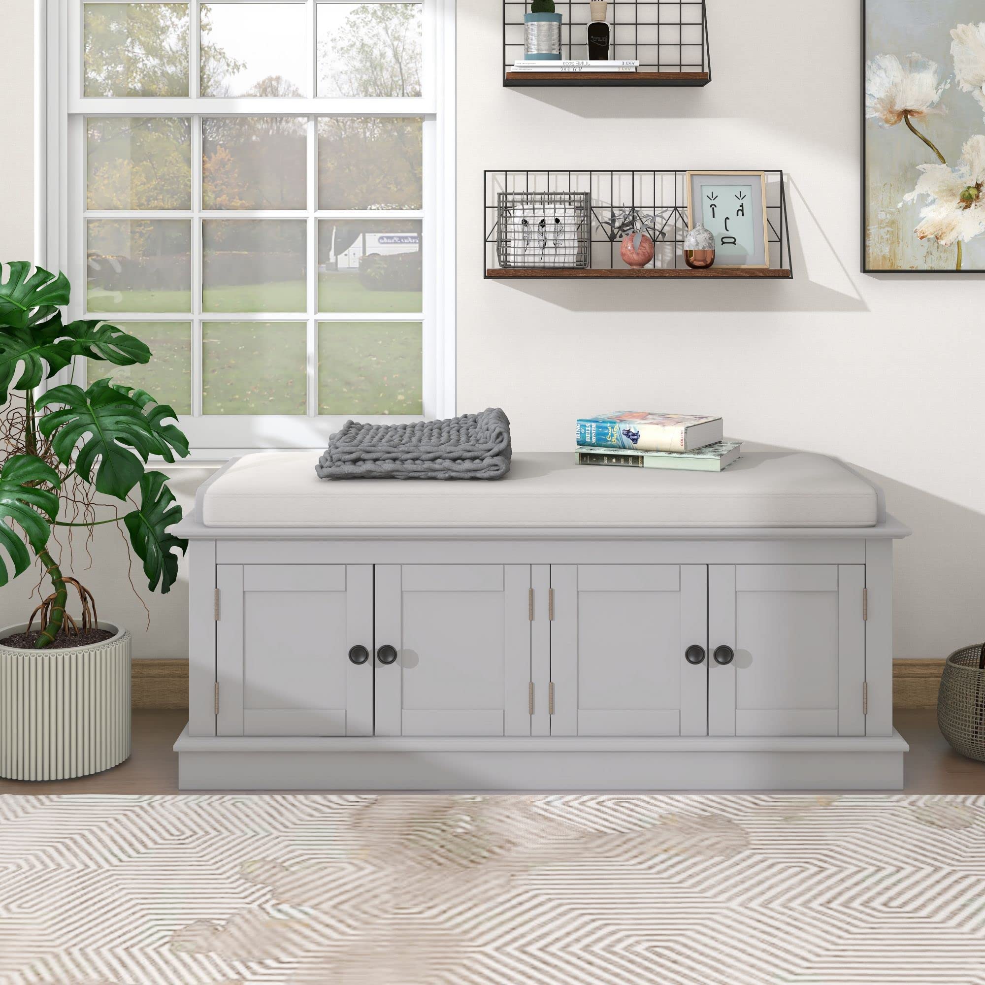 Merax Rustic Wood Entryway Bench with 4 Doors Shoe Cabinet for Hallway Front Door Gray Wash