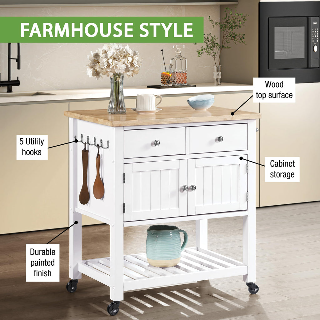OSP Home Furnishings Stirling Farmhouse Kitchen Cart, Rolling Storage Cabinet with Drawers, Shelf, 5 Utility Hooks, White with Wood Top