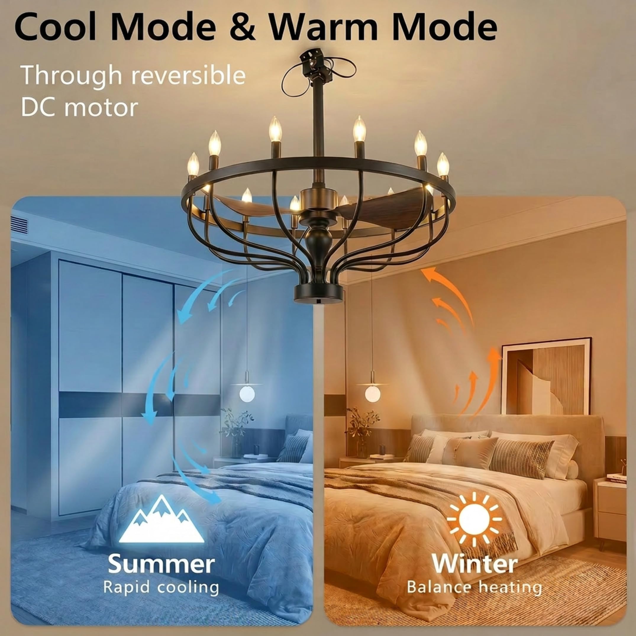 Fiqevs 32-inch Farmhouse Chandelier Fan with Remote Control, DC Motor, 12 LED Lights, Reversible Quiet Operation, Industrial Black Wagon Wheel Rustic Ceiling Fan for Bedroom and Living Room
