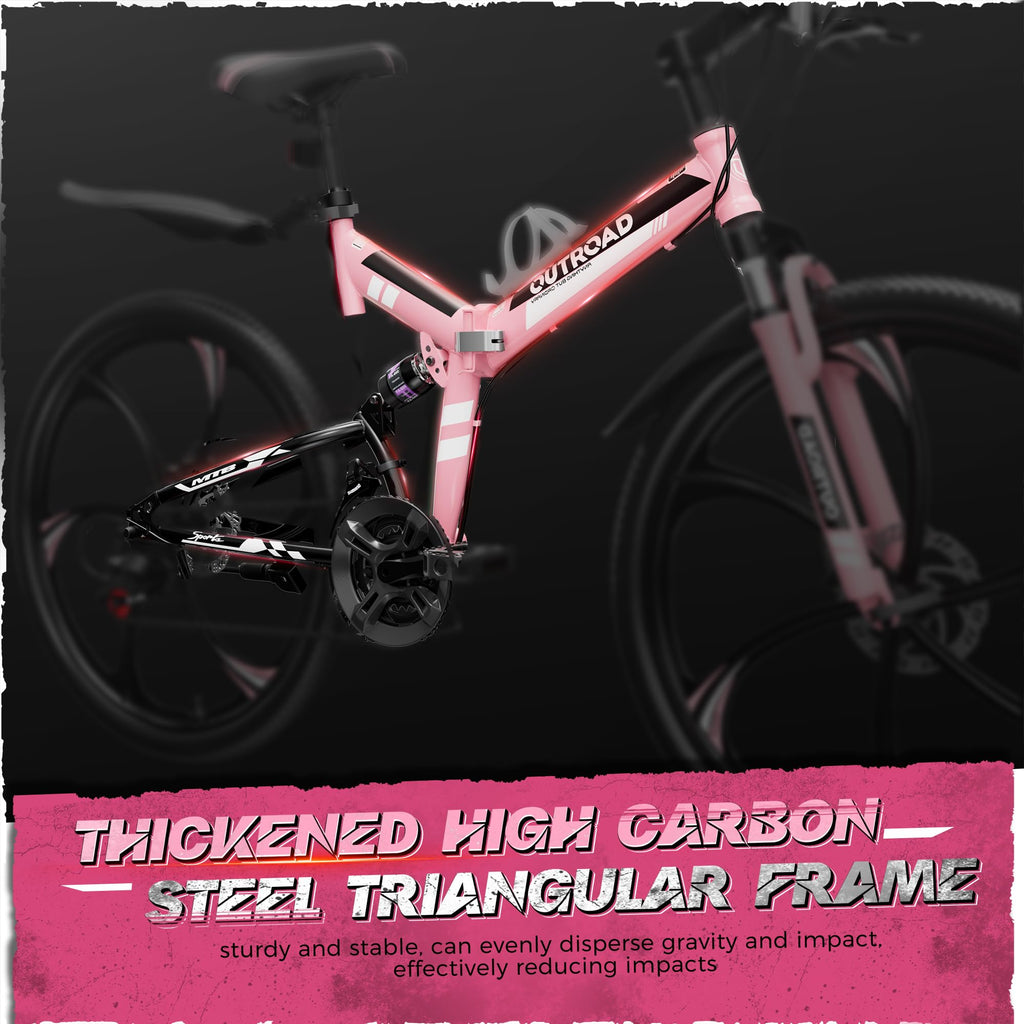Outroad 26 Inch Folding Mountain Bike for Adults/Men/Women, 21 Speed Full Suspension High-Carbon Steel MTB Foldable Bicycle, Dual Disc Brake Non-Slip Folding Bikes, Pink