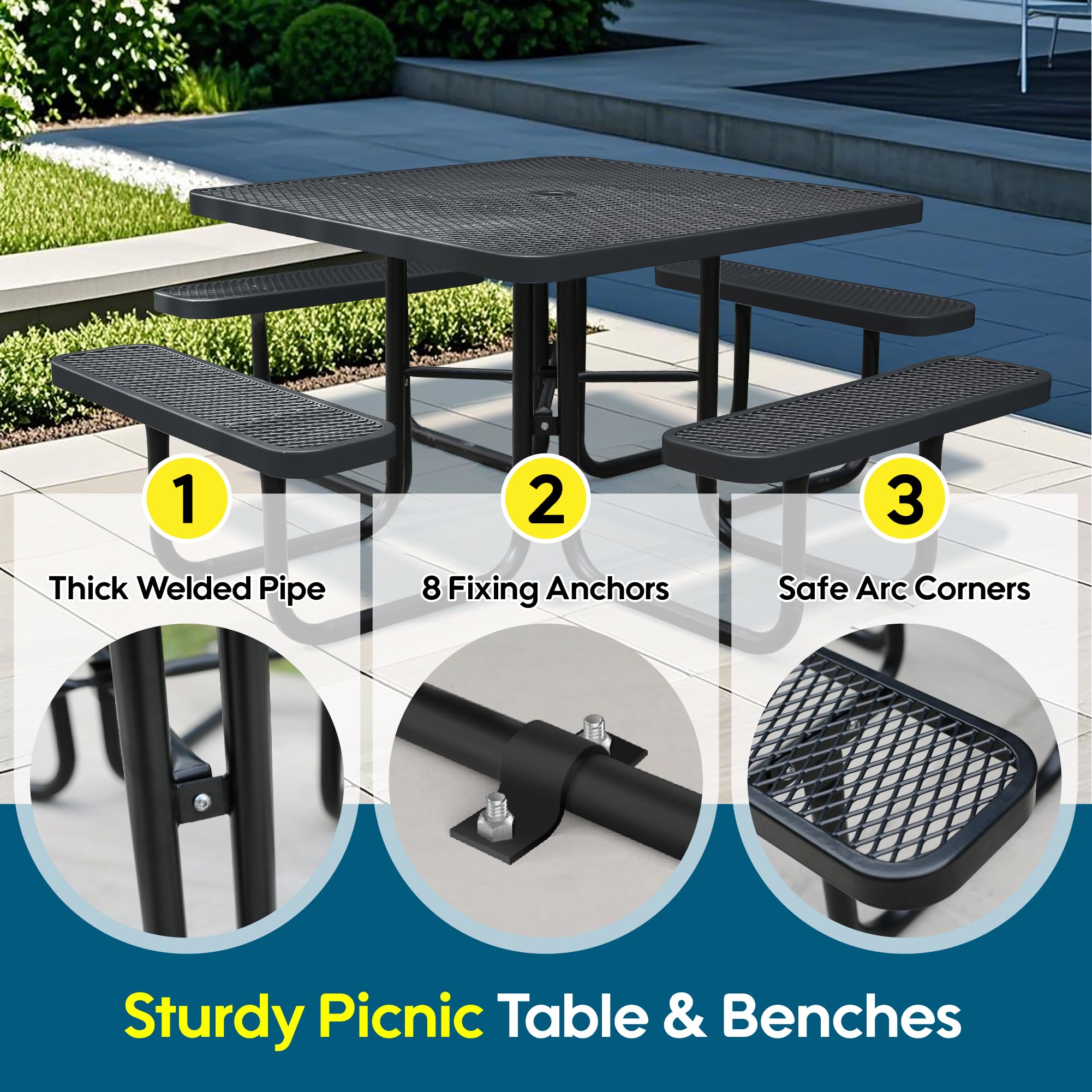Sunnibety 8-Person Picnic Tables for Outdoors, Industrial 46" Expanded Metal Square Picnic Table with 4 Benches & Umbrella Hole, Outside Table and Bench Set for Garden, Backyard, Porch, Patio, Black