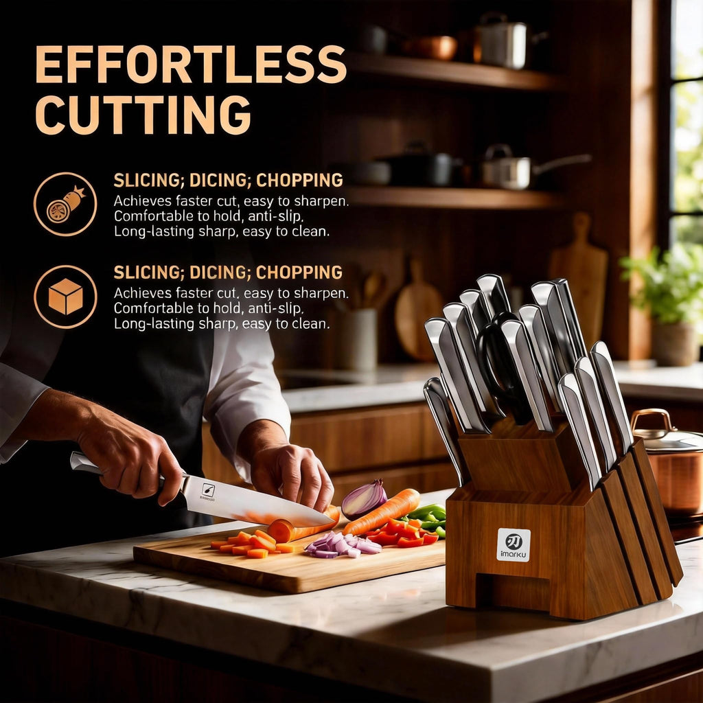 imarku Knife Set, Kitchen Knife Set with Block & Sharpener, 16PCS Japanese High Carbon Stainless Steel Ultra Sharp Knife Block Set, Ergonomic Non-Slip Handle, Dishwasher Safe, Perfect Gifts