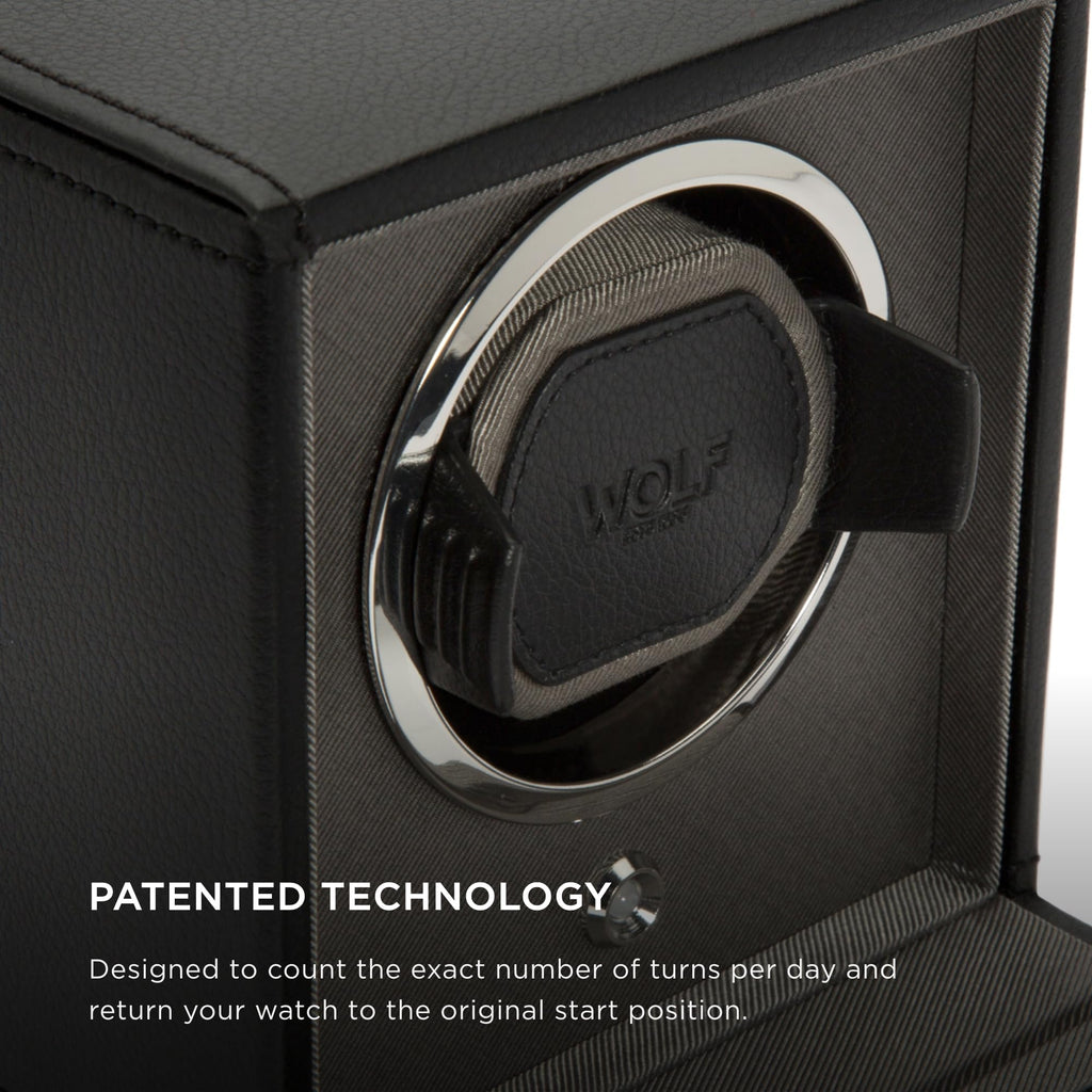 Wolf Cub Single Watch Winder with Glass Cover, Black - Secure Fit with Patented Lock-in Dynamic Cuff - Accommodates All Wrist Sizes - Vegan Leather - Includes Universal Adapter