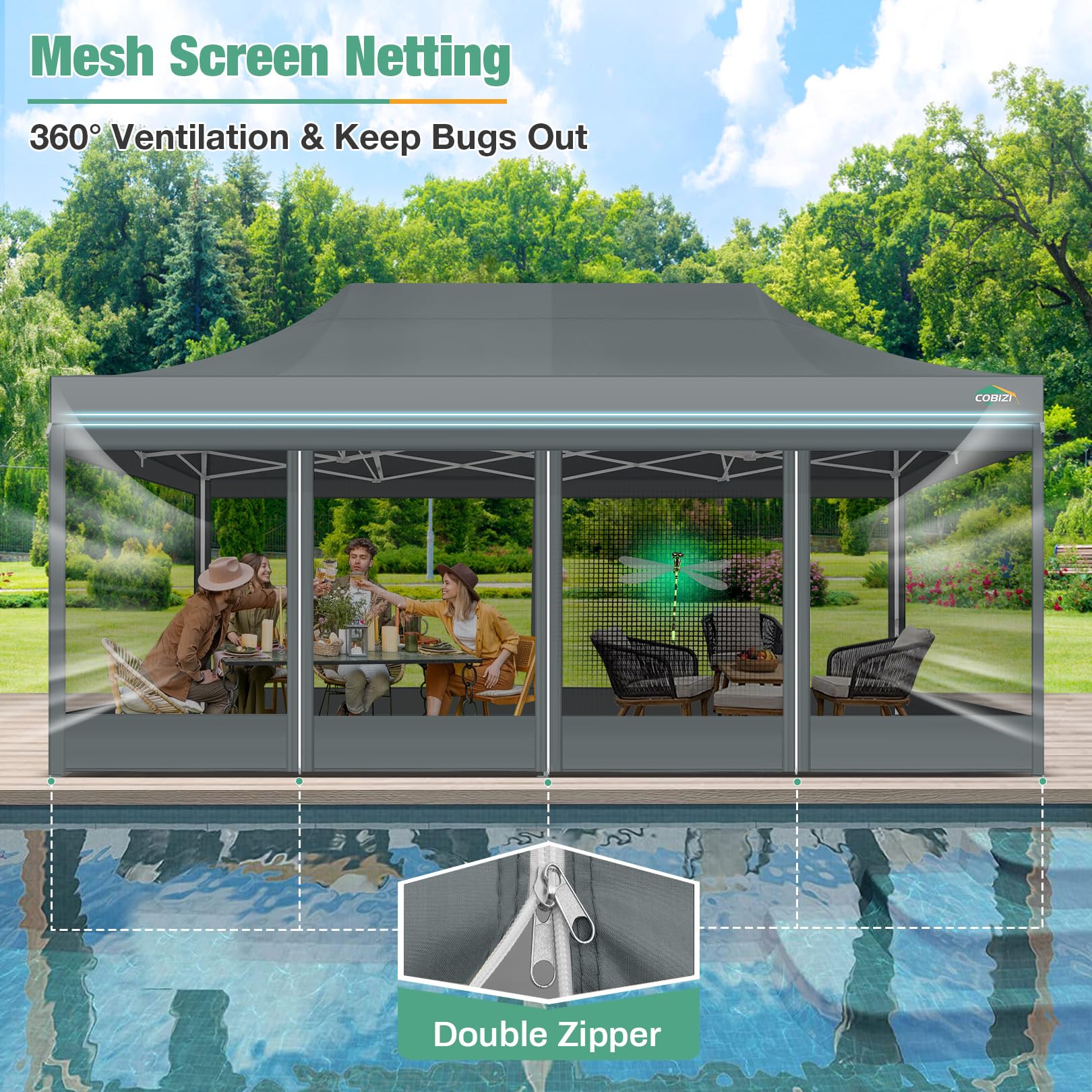 COBIZI 10x20 Canopy Tent, Heavy Duty Pop up Canopy with Sidewalls, Waterproof Easy Setup Canopy with Mosquito Netting, Outdoor Instant Screen Tents for Parties, Wedding with Roller Bag, Gray