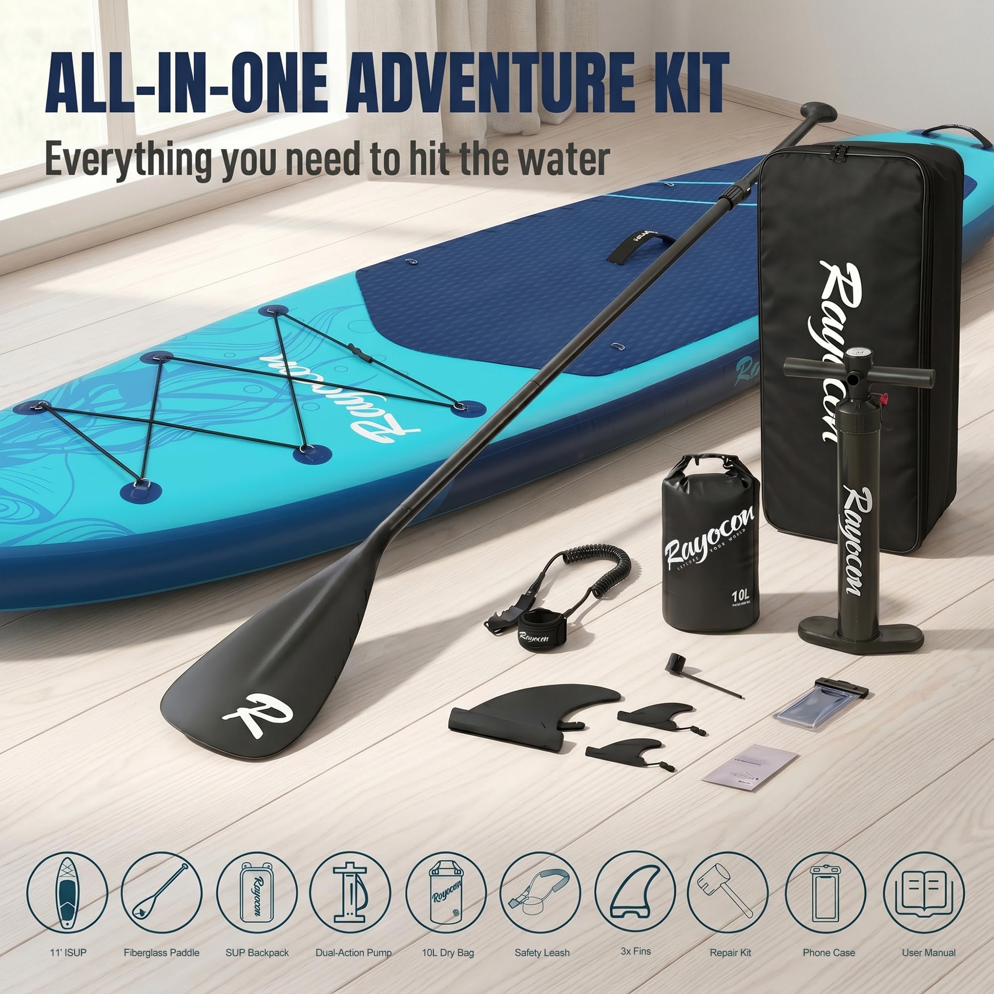 Inflatable Stand Up Paddle Board 11'×34" Extra Wide SUP, Ultra-Stable for Adults & Dog, 450lbs, Dual Chamber Pump, Fiberglass Paddle, Military Grade Dual Layer, Jellyfish Flow Design（Blue）