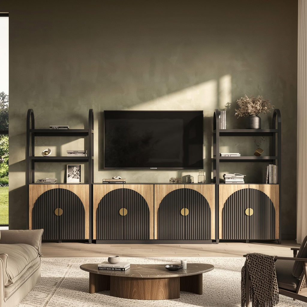 BELLEZE 3-Piece Arched TV Stand Entertainment Center with Storage, Mid Century Modern 2-Piece 72″ Tall Storage Cabinets and 65″ Fluted TV Console for Living Room (Camel)
