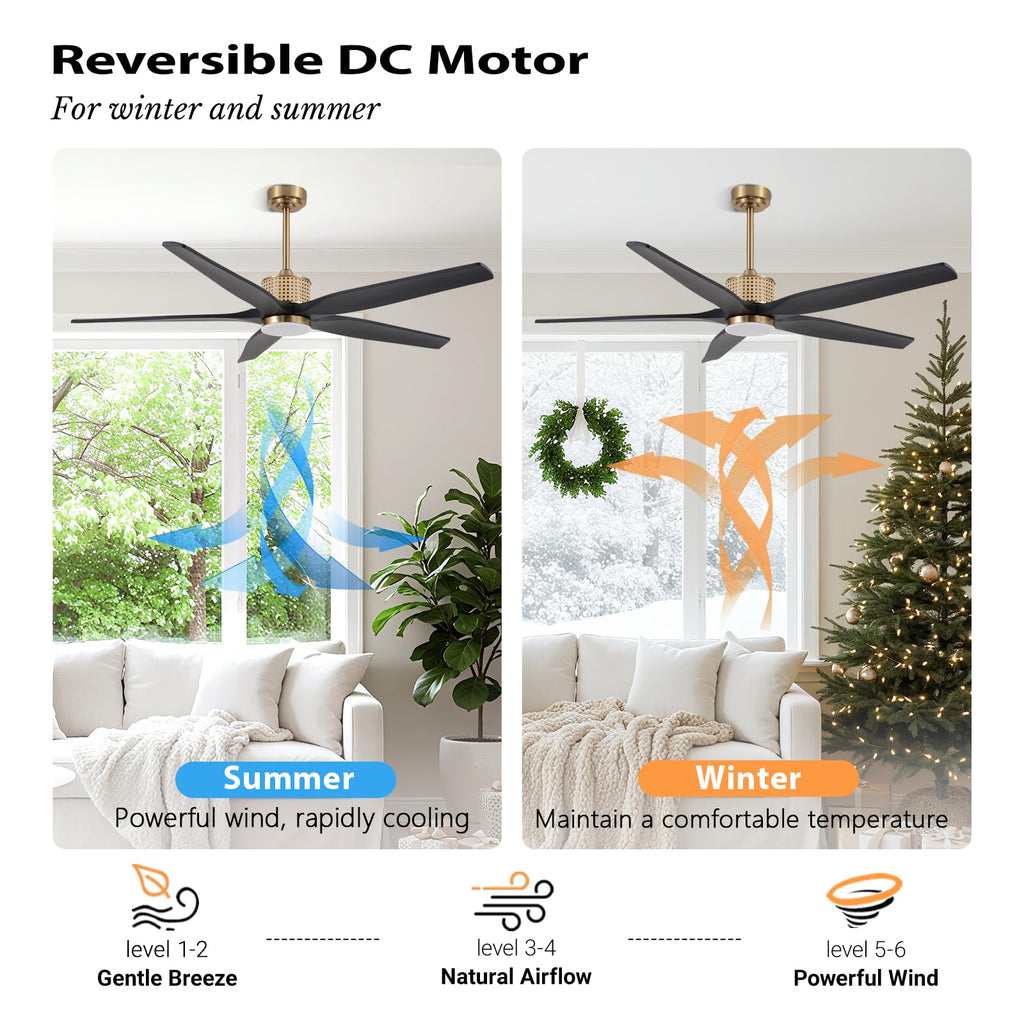LEDLUX 60" Ceiling Fan with Light – Remote Control, Solid Wood, 6-Speed, Quiet Reversible DC Motor, Black/Gold Finish, 4.5"/12" Downrods, Noiseless Large Ceiling Fan for Bedroom, Living Room, Porch