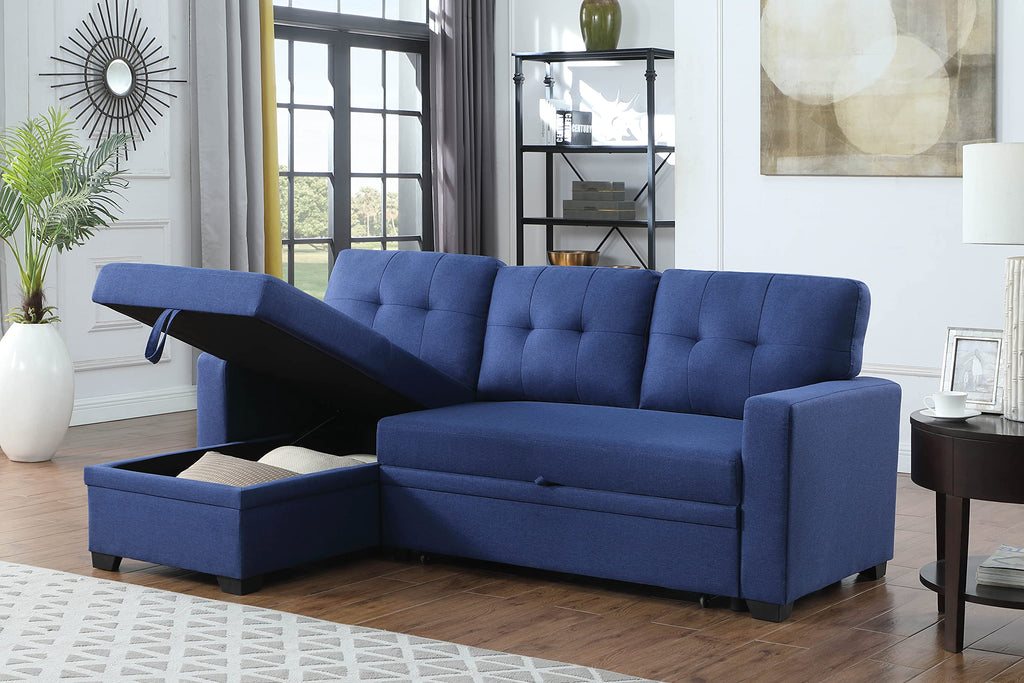 Acosure 82" Sectional Small Sofa with Pull Out Bed,L-Shape Upholstered Sleeper Couch W/Storage Chaise,Tufted Backrest Design,3 Seat Linen Convertible Sofas for Living Room Apartment Office,Blue