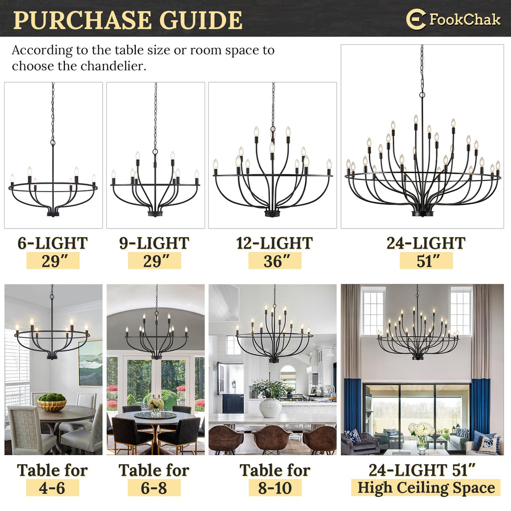 FookChak 24 Light Black Chandelier 51'' Large Candle Chandeliers for High Ceiling Foyer Modern Farmhouse Chandelier Light Fixture for Large Living Room Dining Room Stairs Entry Restaurant Hotel